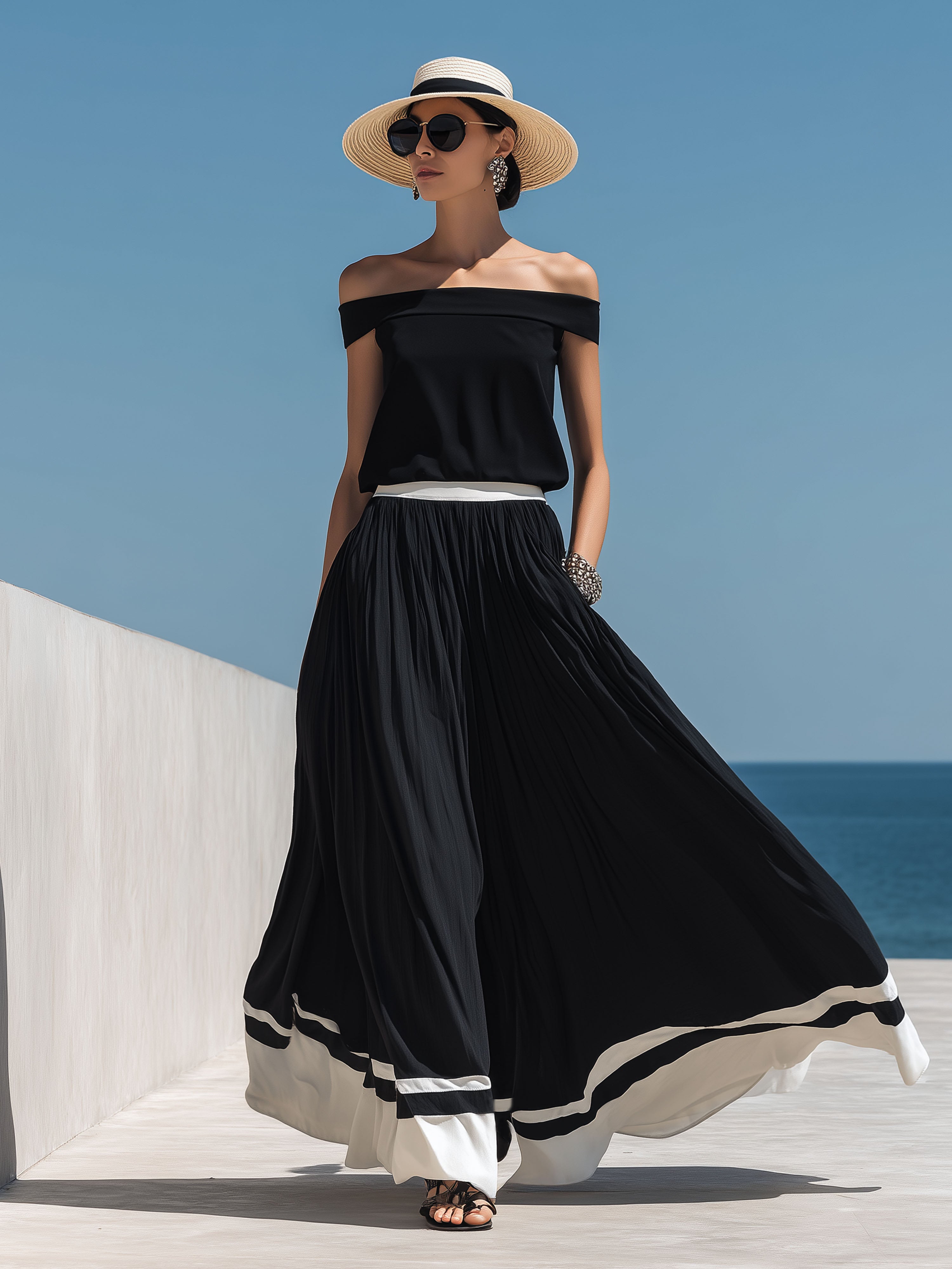 Vacation Black Off-Shoulder White Decorated Top And Long Skirt Set