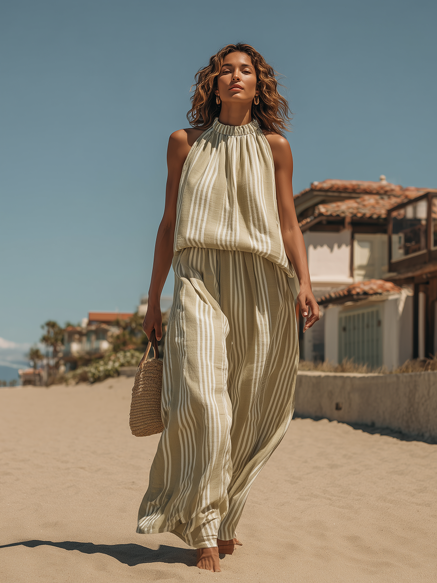 Vacation-style Cotton And Linen Striped Sleeveless Top And Trousers Set
