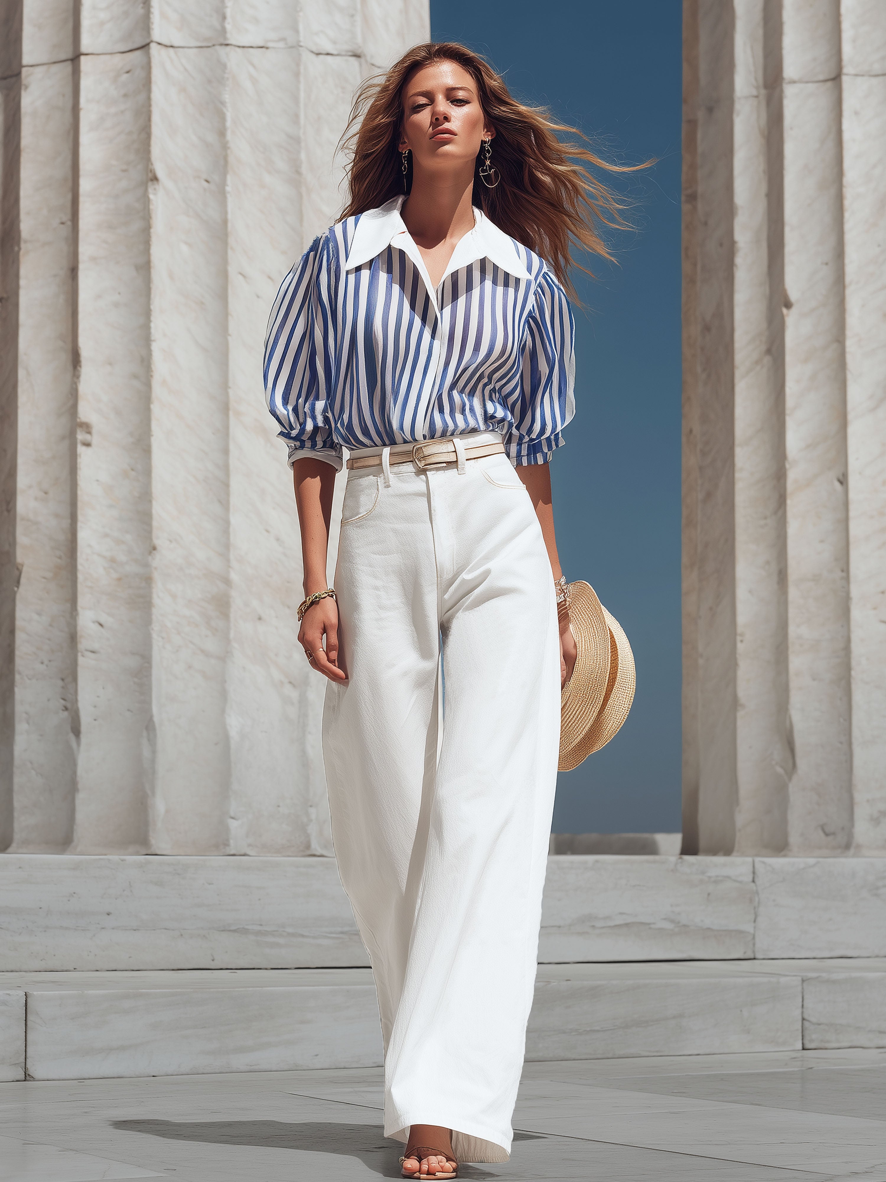 French-Style Chiffon Blue And White Striped Sheer Shirt With White Shirt Collar And Belted Trousers Set