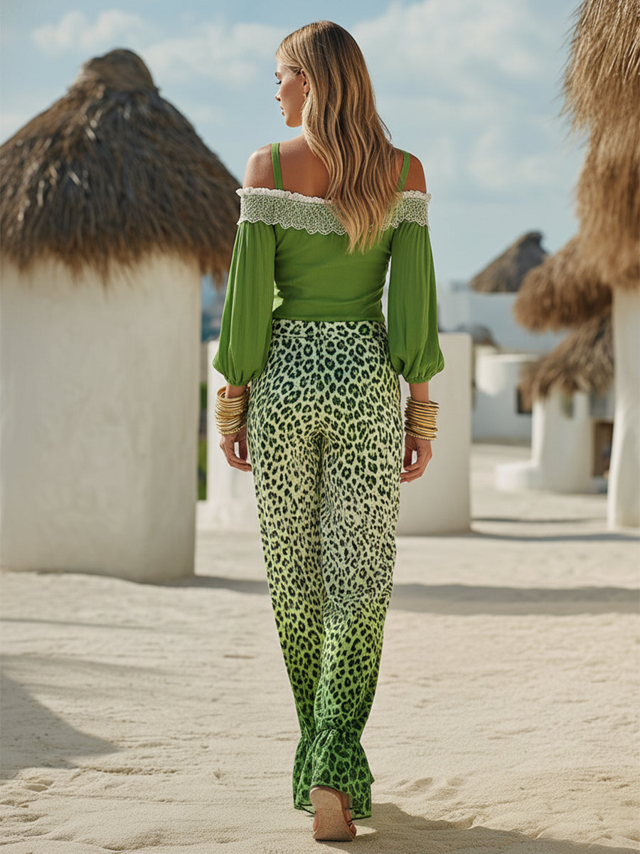Bohemian Casual Off-the-shoulder Lace-trimmed Green Cotton-linen Top And Green Gradient Leopard Print Chiffon Wide-leg Pants Set