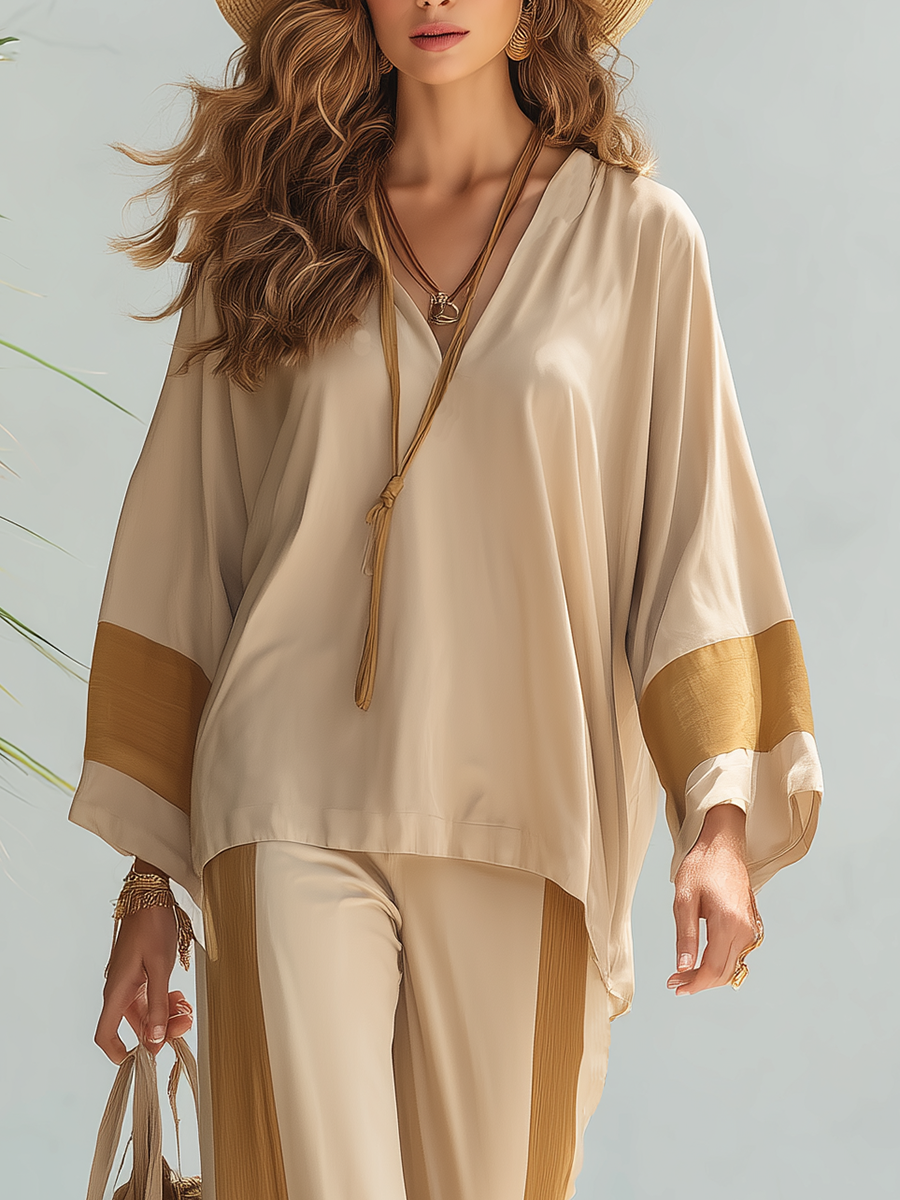 Resort-style Cotton V-neck Patchwork Long-sleeved Top And Trousers Set