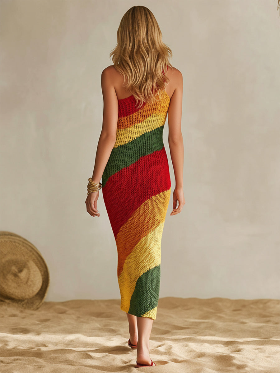 Bohemian Resort Rainbow Striped Knit Off-Shoulder Sleeveless Midi Dress