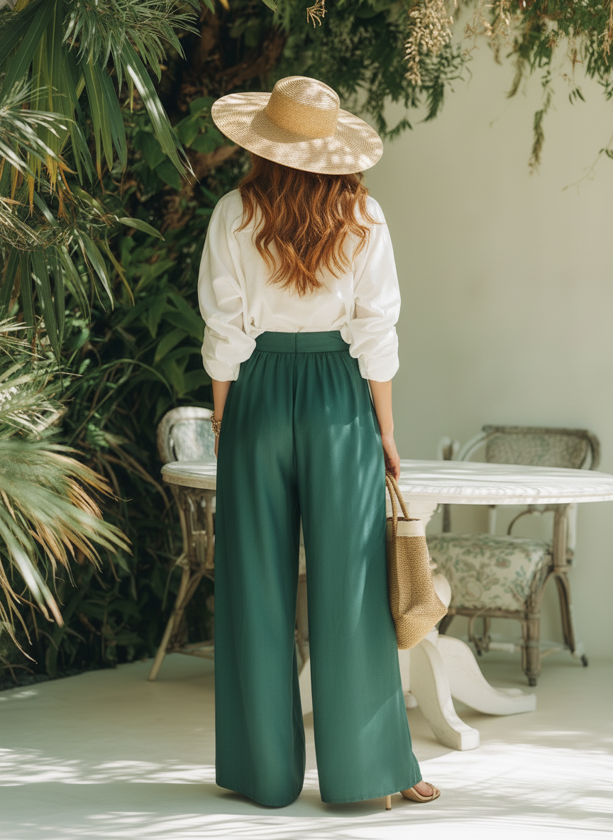 Vacation-Style Loose-Fit And Chic White Shirt And Green Wide-Leg Pants Set