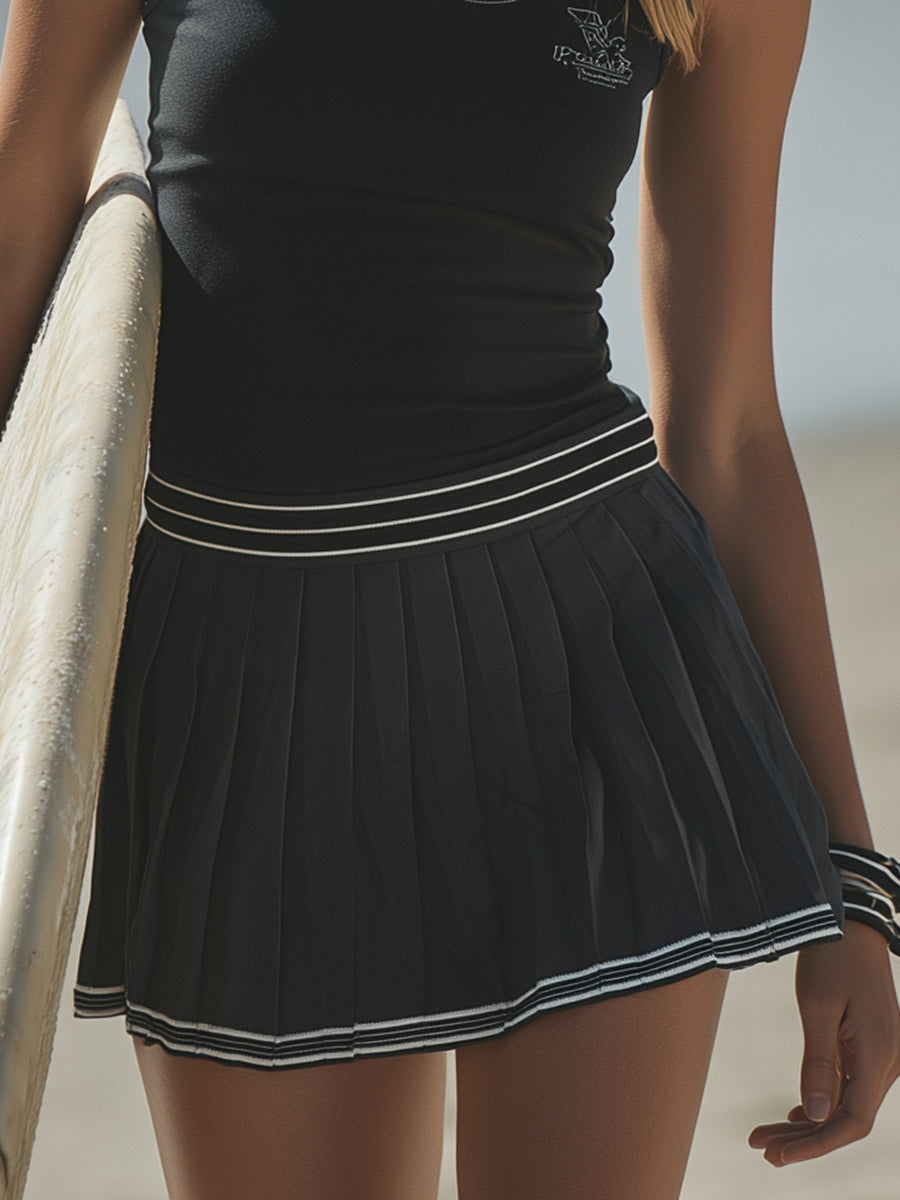 Casual Sporty Vacation Striped Black Vest Pleated Skirt Set