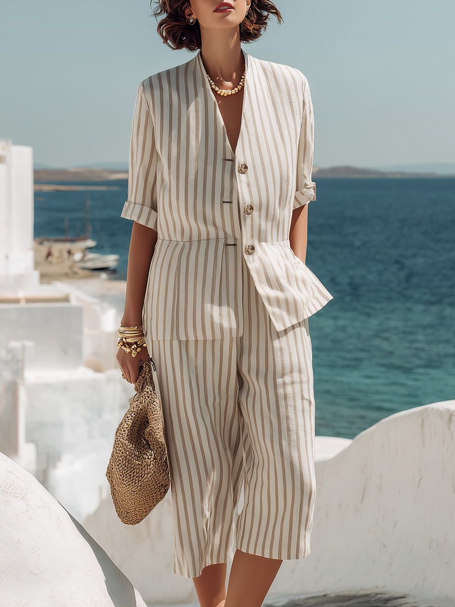 Resort Beige Striped V-Neck Cotton Linen Short-Sleeve Suit And Wide-Leg Capri Trousers Set