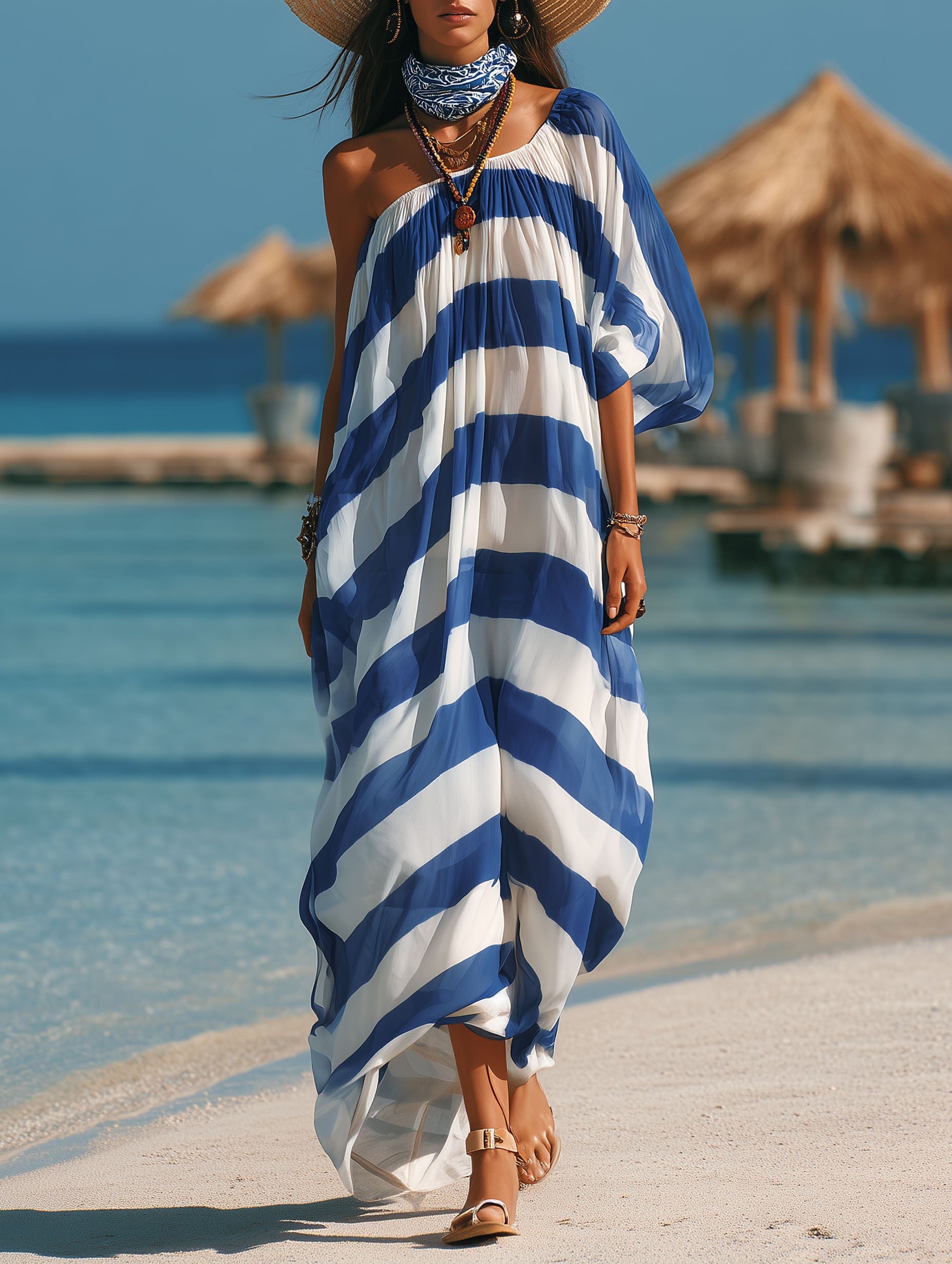 Resort-Style Blue And White Striped Chiffon One-Shoulder Short-Sleeved Maxi Dress