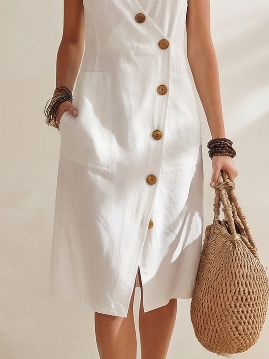 Bohemian Vacation-style White V-neck Sleeveless Asymmetrical Button-down Midi Dress