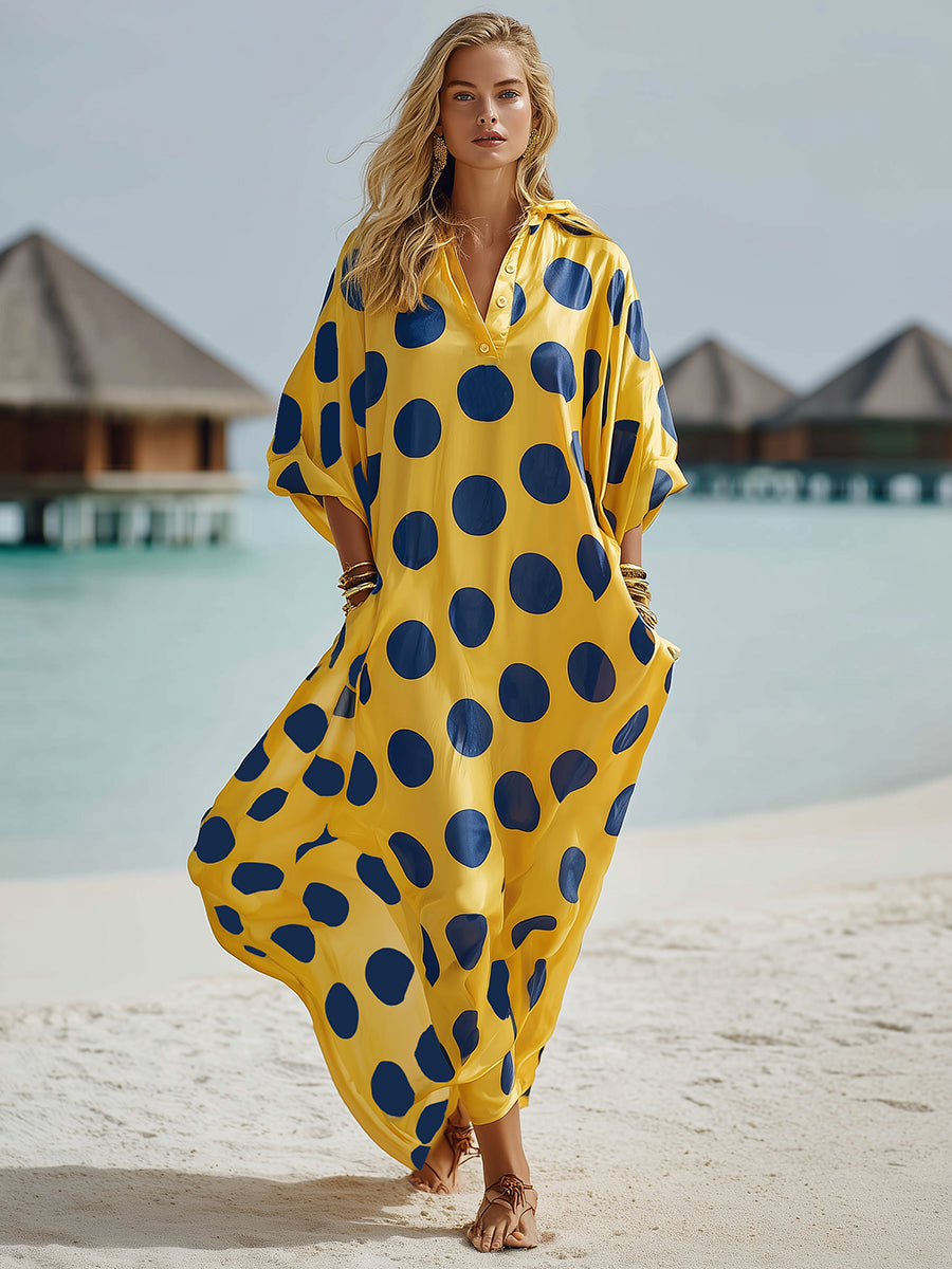 Bohemian Yellow Base With Navy Polka Dots Loose Batwing Sleeve Maxi Dress