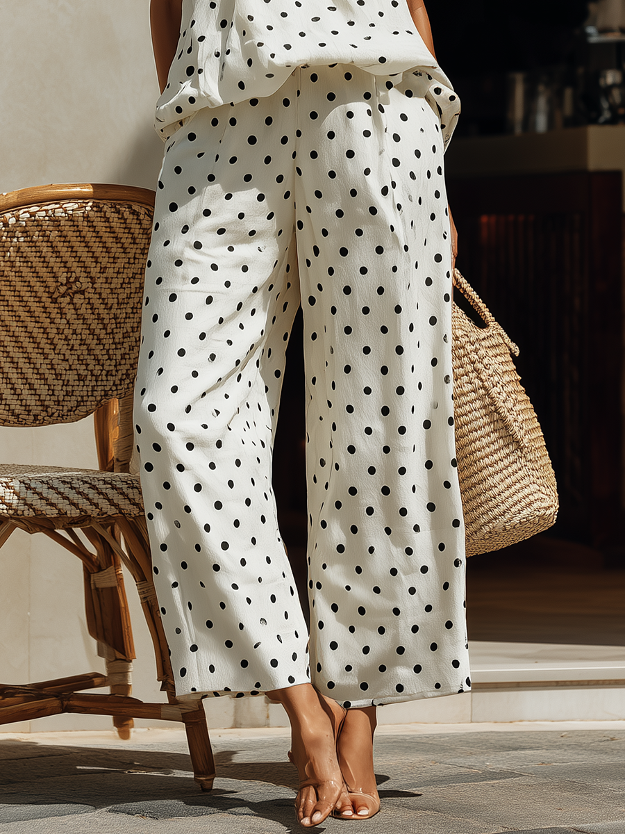 Classic Vacation Black Polka-Dot Strapless Top And Wide-Leg Pants Cotton-Linen Set