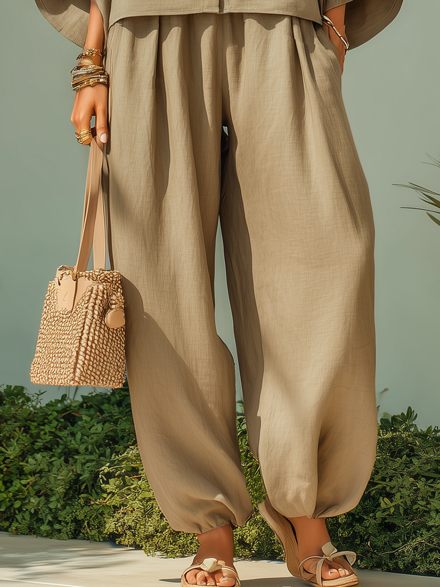 Resort-style Brown Long-sleeved Button-down Top And Trousers Set