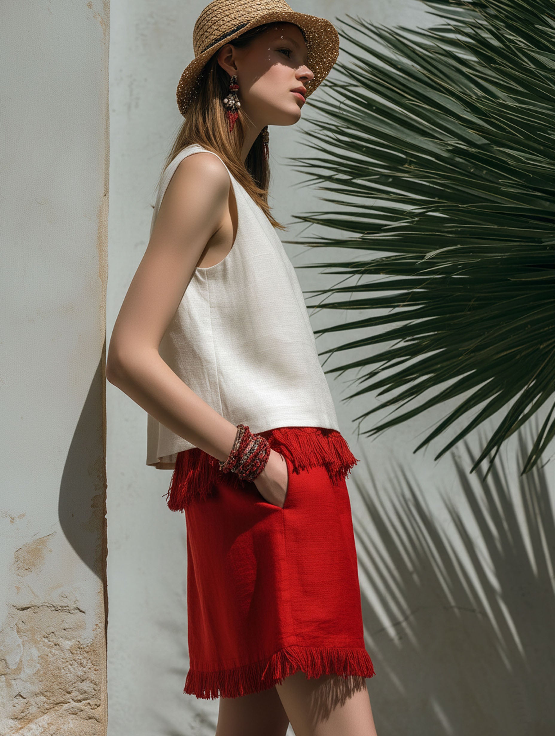 Elegant Resort Style Cotton Linen Patchwork Red Tassel Mini Skirt Set