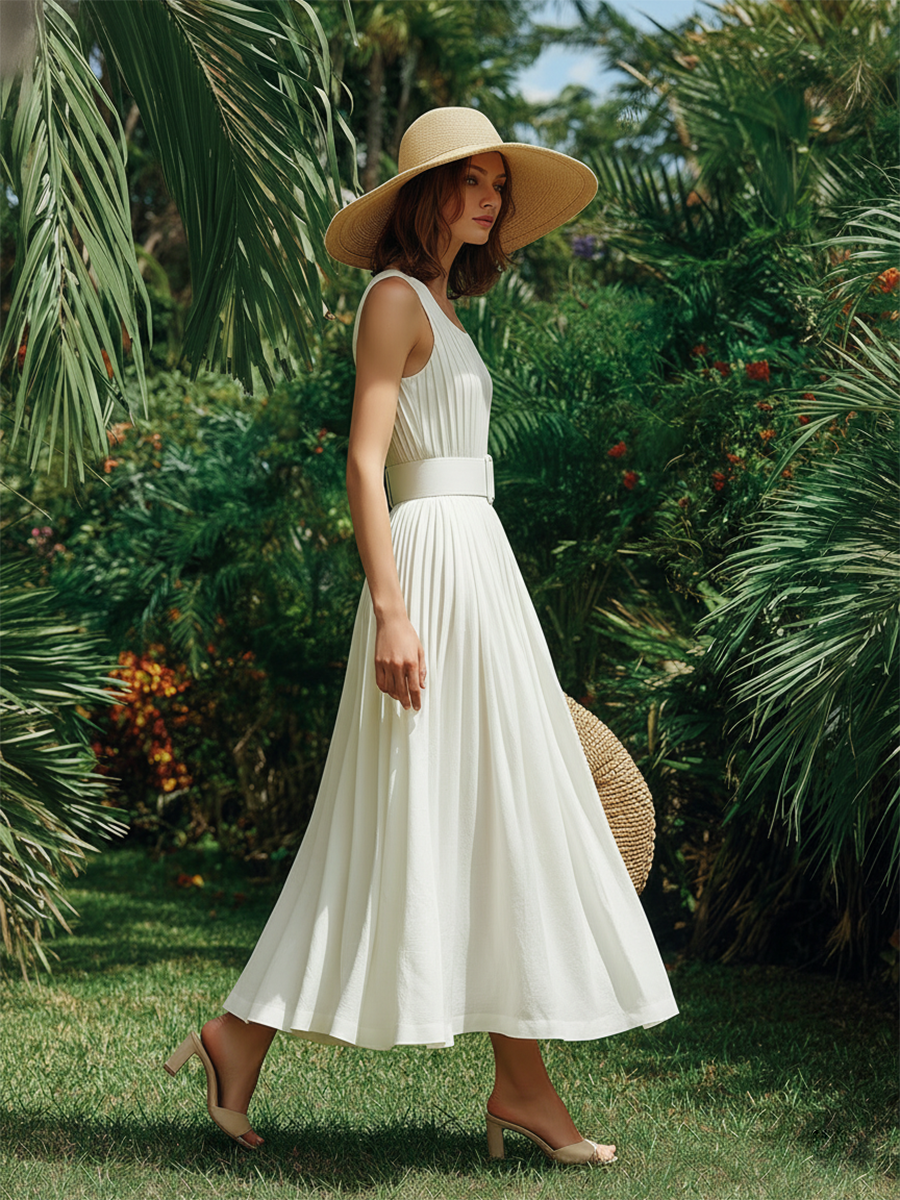 Elegant Vacation White Cotton Sleeveless Pleated Maxi Dress