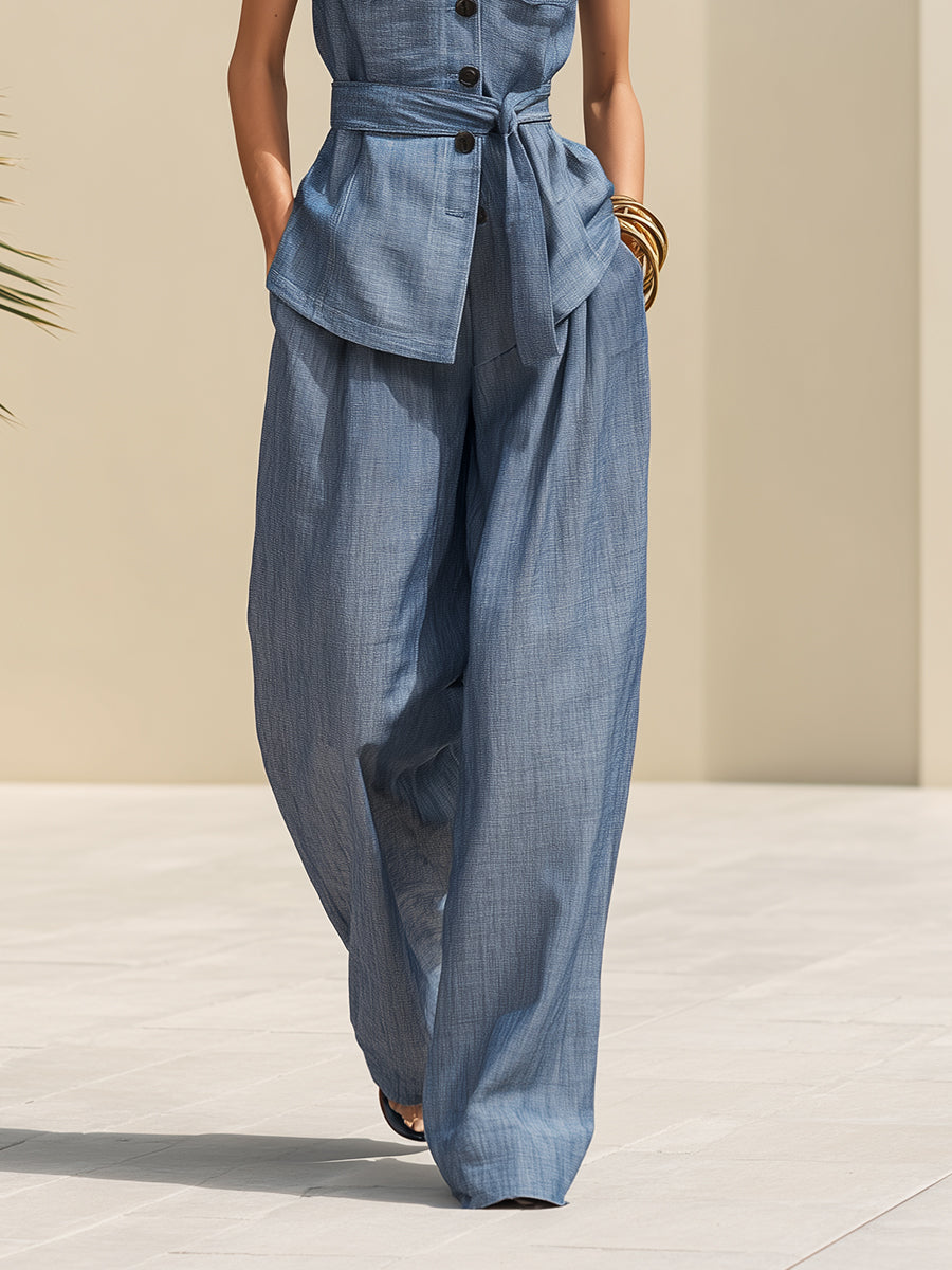 Casual Vacation Light Blue Cotton And Linen Top And Wide-leg Pants Set