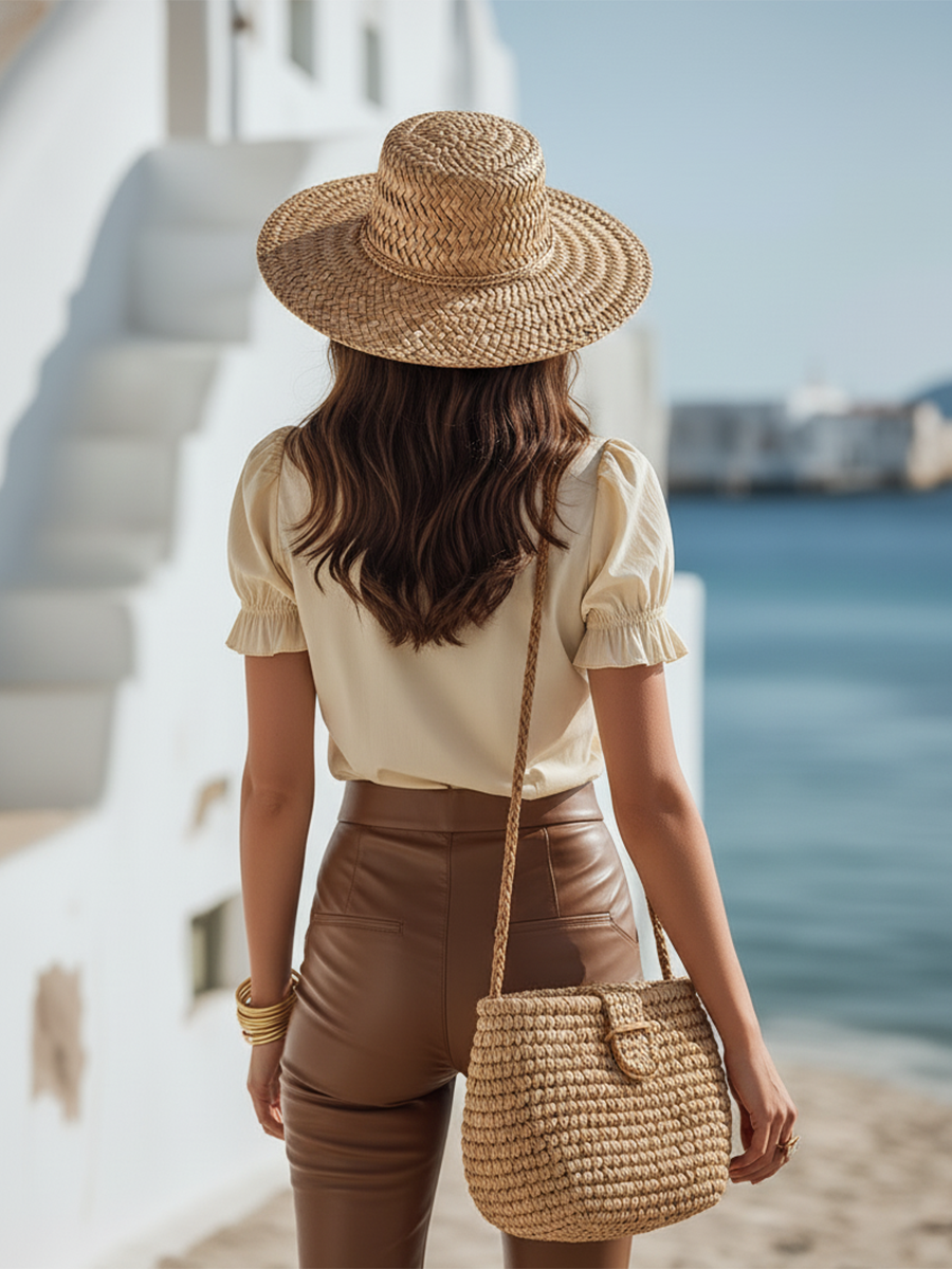 Retro Vacation Style Ruffled Short-sleeved Off-white Satin Top