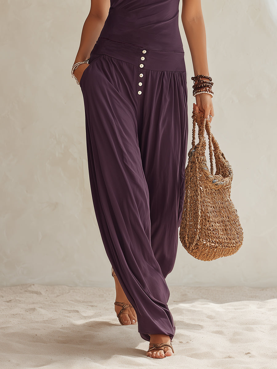 Bohemian Vacation Style Purple Halter Neck Sleeveless Top And Wide-leg Pants Set