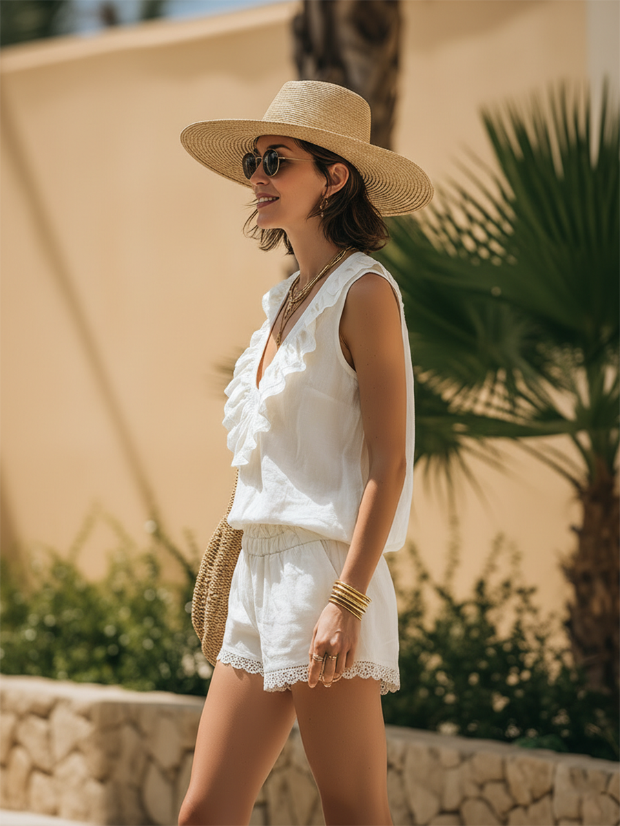 Romantic Bohemian Style Cotton And Linen Top With Ruffles And Shorts Set