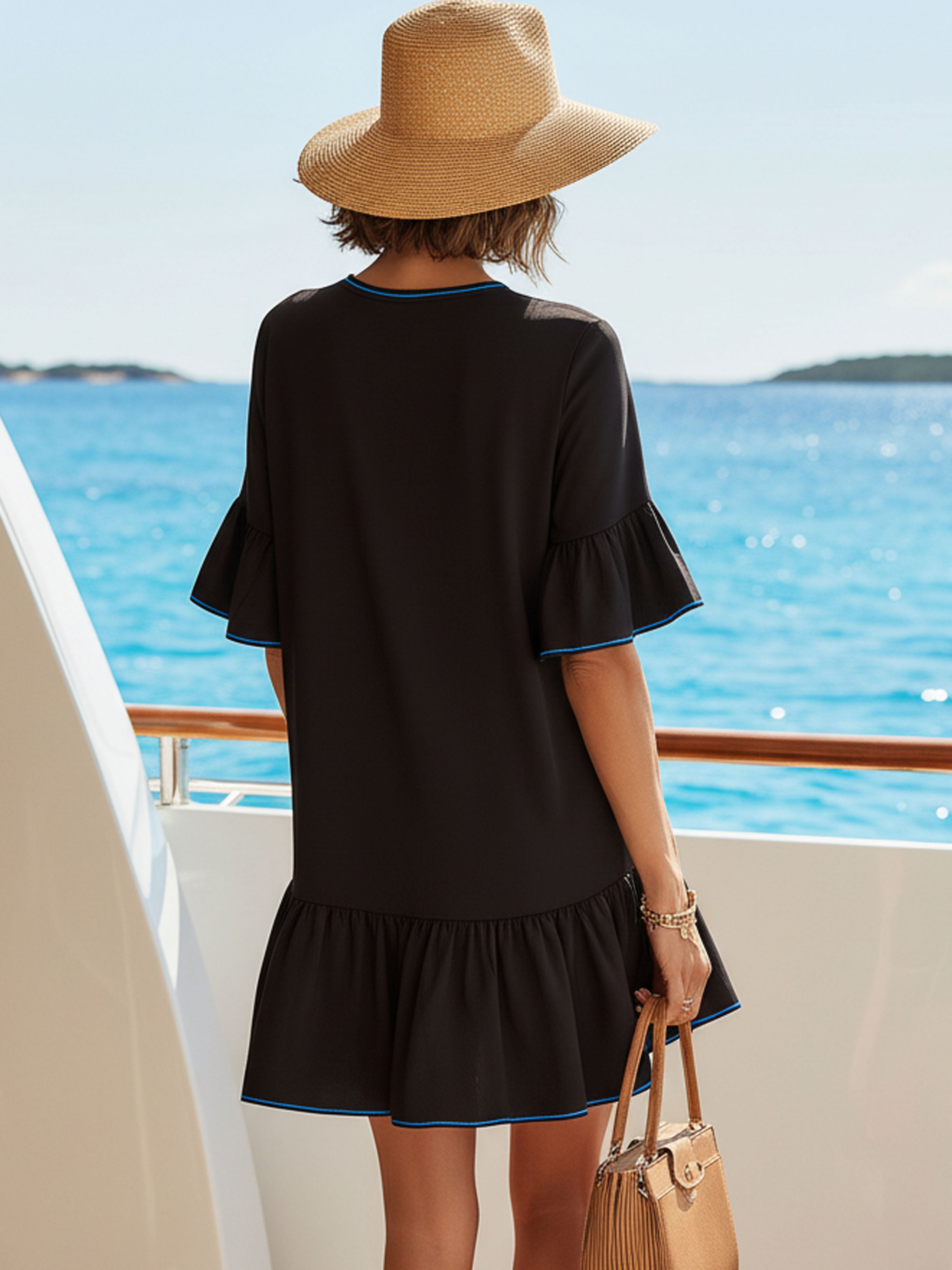 Elegant Black Ruffled Short-Sleeved With Blue Piping Mini Dress