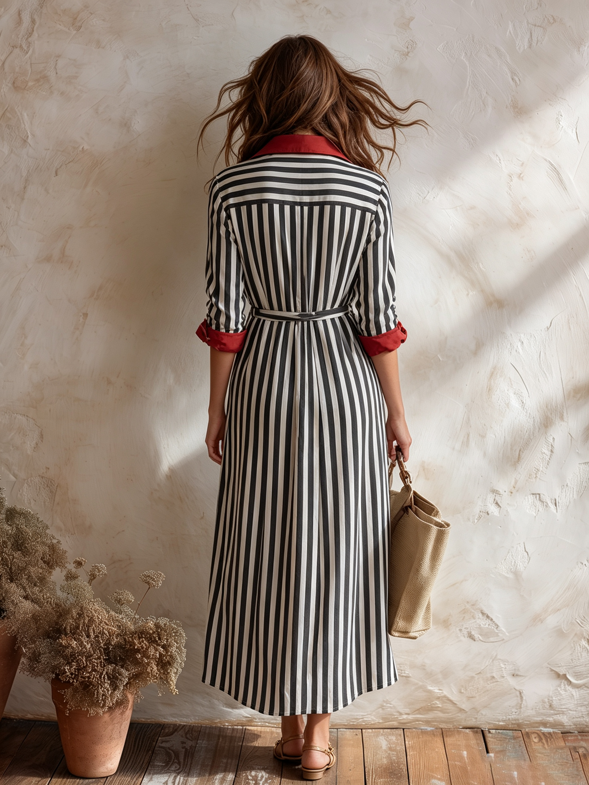 Resort-style Collared Long-sleeved Striped Midi Dress