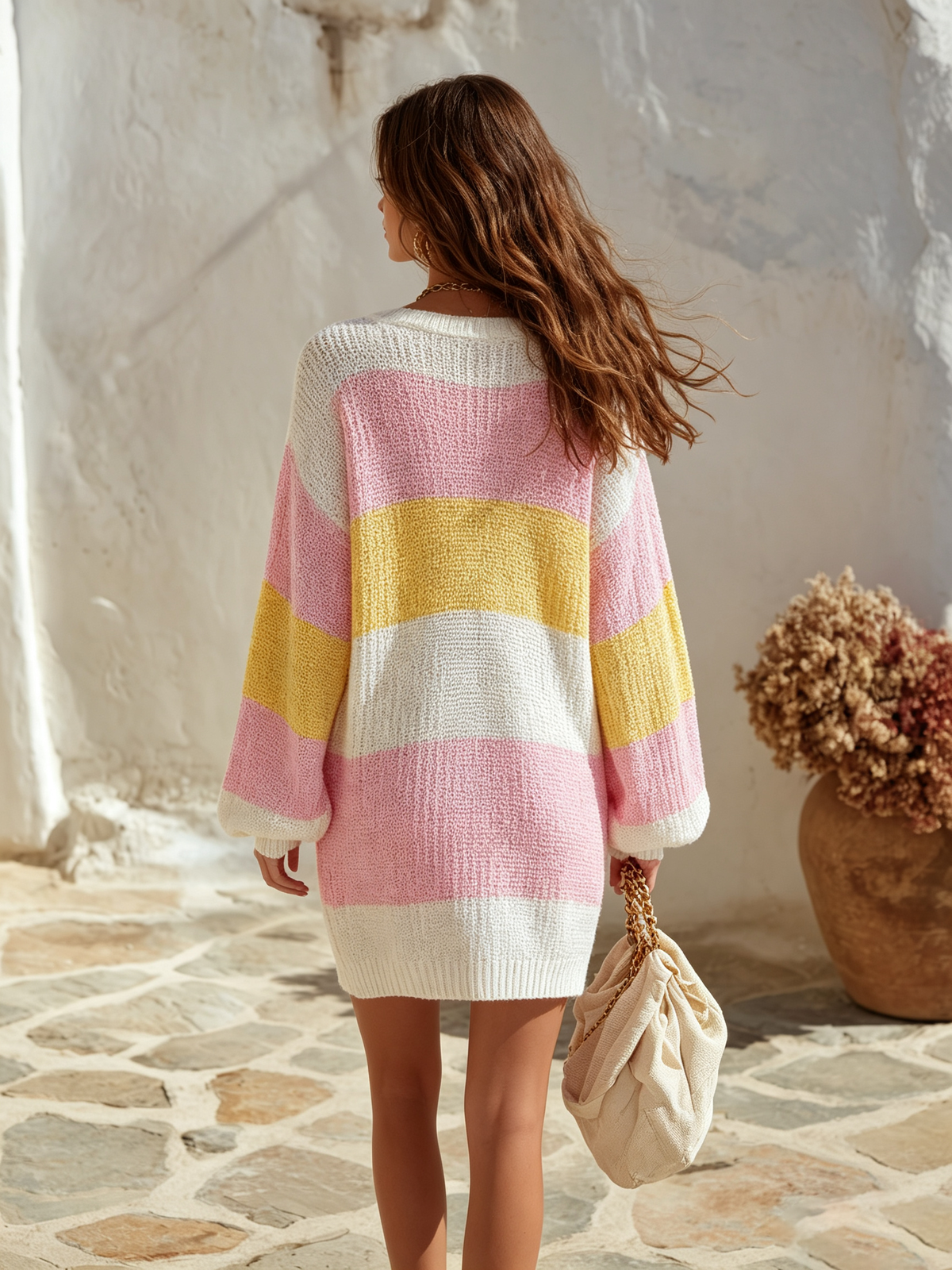 Vacation-style V-neck Long-sleeve Striped Knit Mini Dress