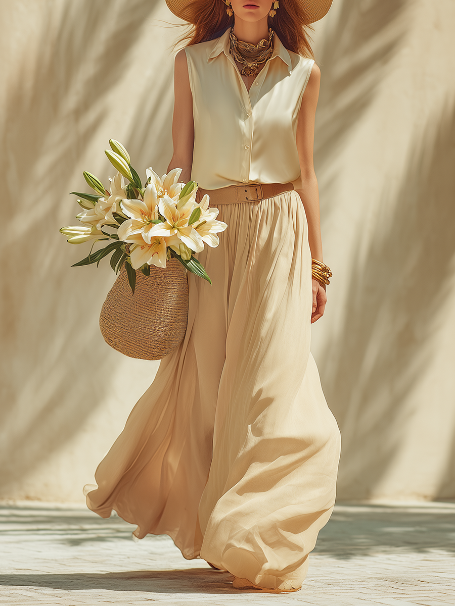 Elegant Vacation Off-white Sleeveless Satin Shirt And Sheer Skirt Set
