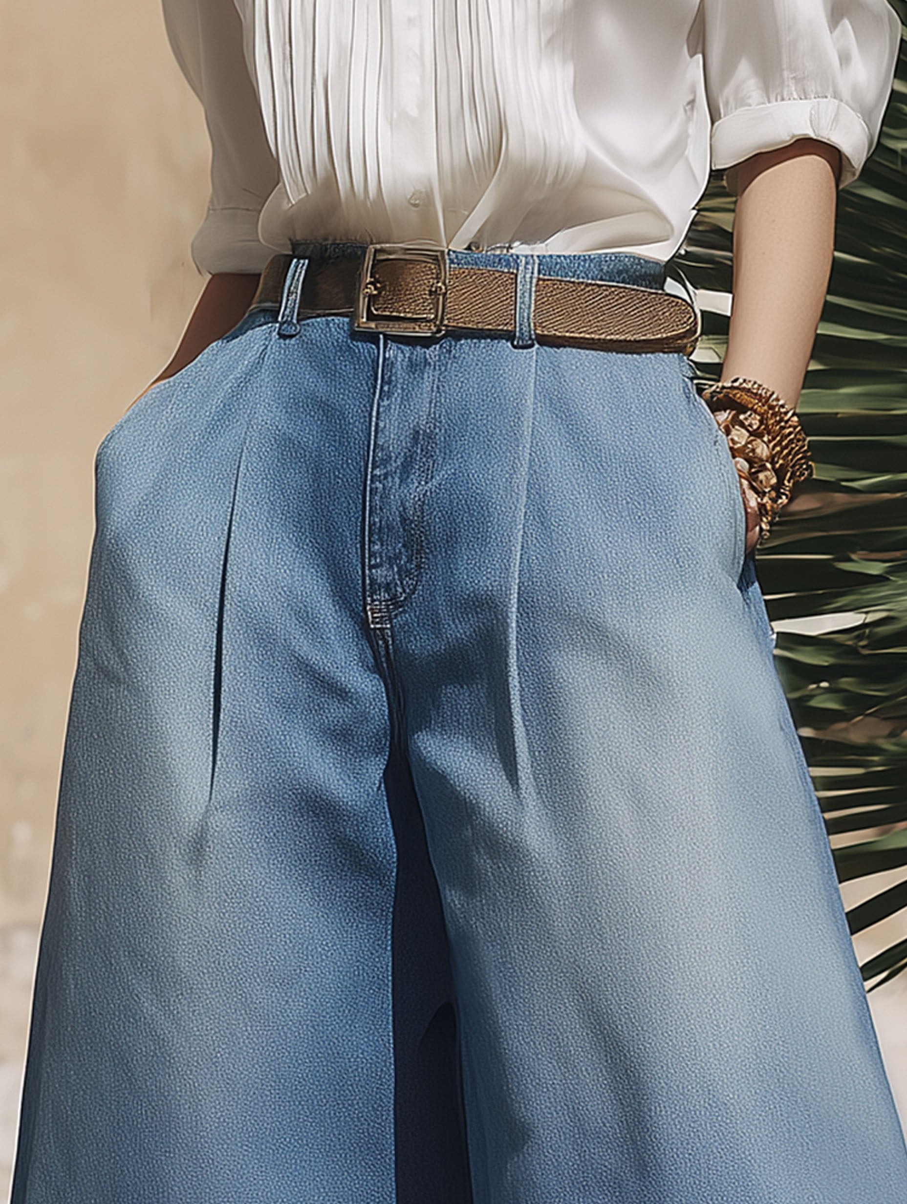 Stylish Resort-Style Light Blue Washed Patchwork Cropped Pants