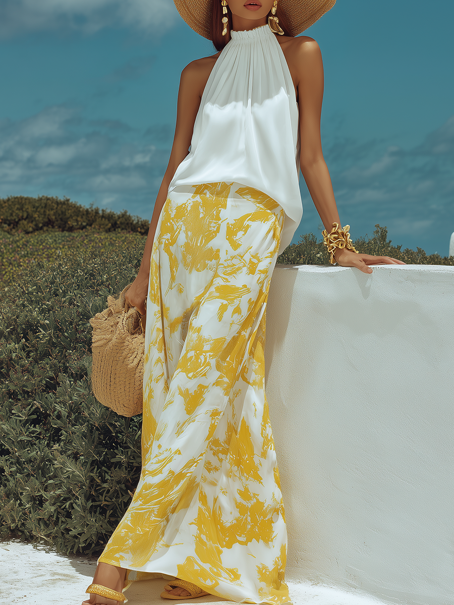 Resort-style White Sleeveless Top And Yellow Printed Skirt Set