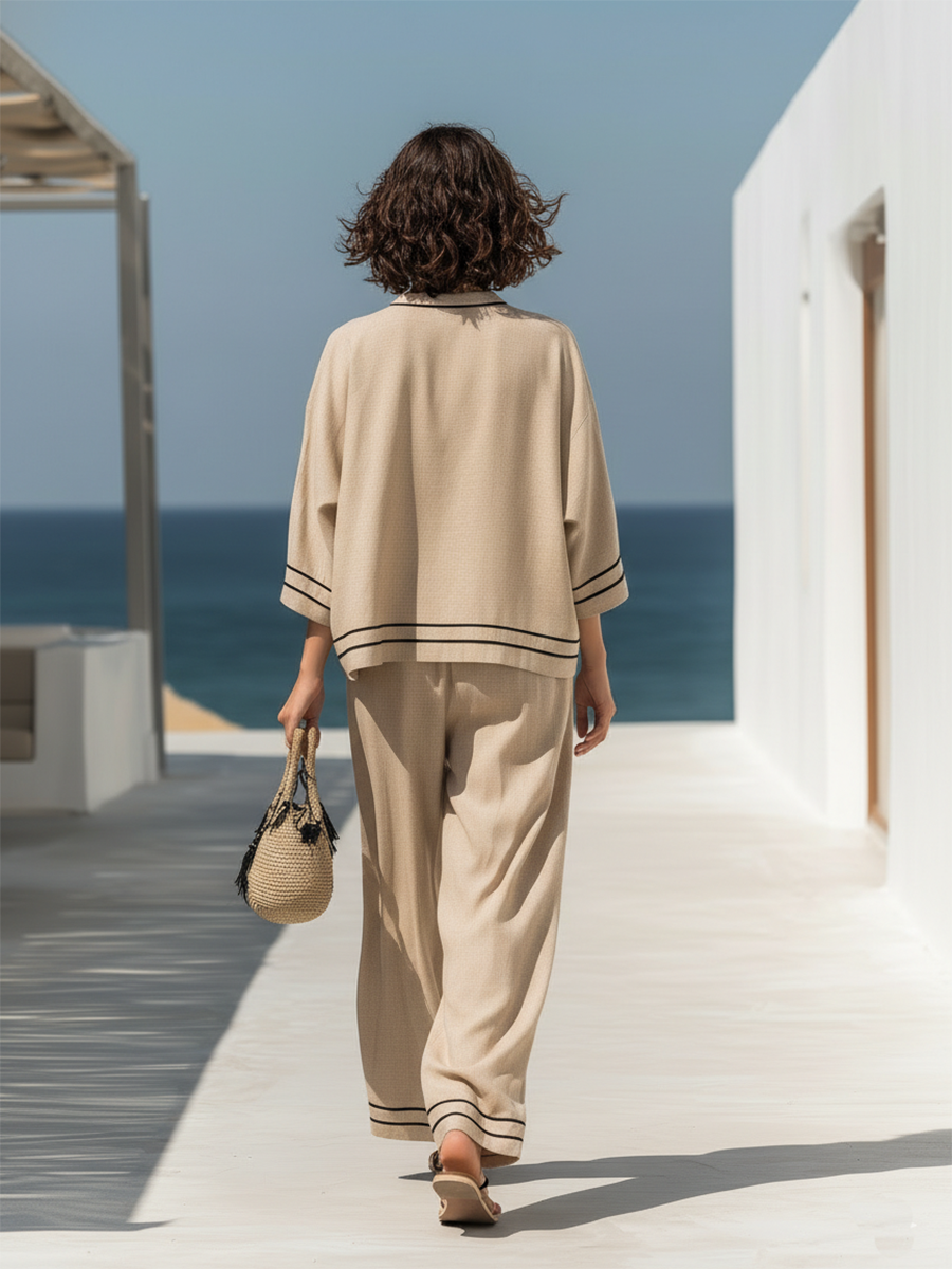 Vacation-style Beige V-neck Cotton And Linen Long-sleeved Top And Trousers Set
