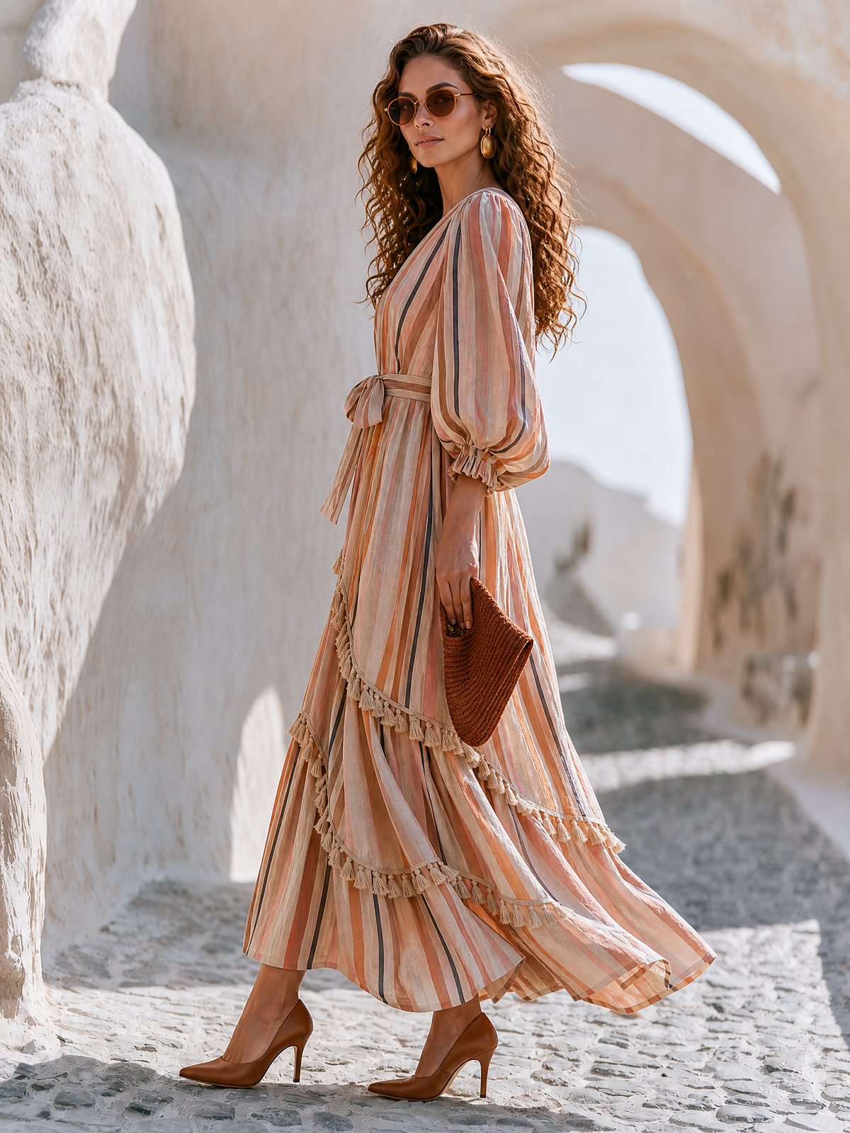 Sunset Stripe Tassel-Trim Belted Resort Maxi Dress