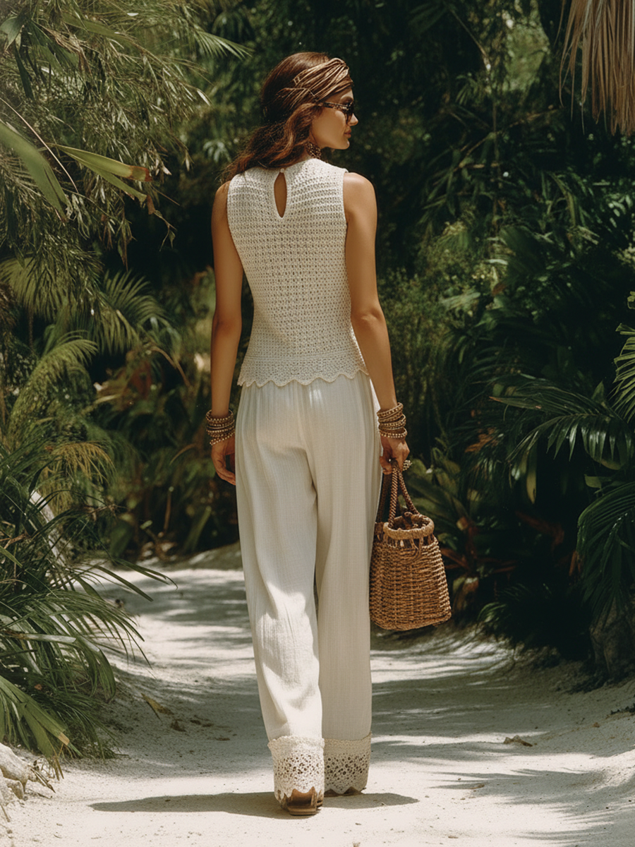 Casual Bohemian Style Beige Knitted Top And Cotton And Linen Wide-leg Pants Set