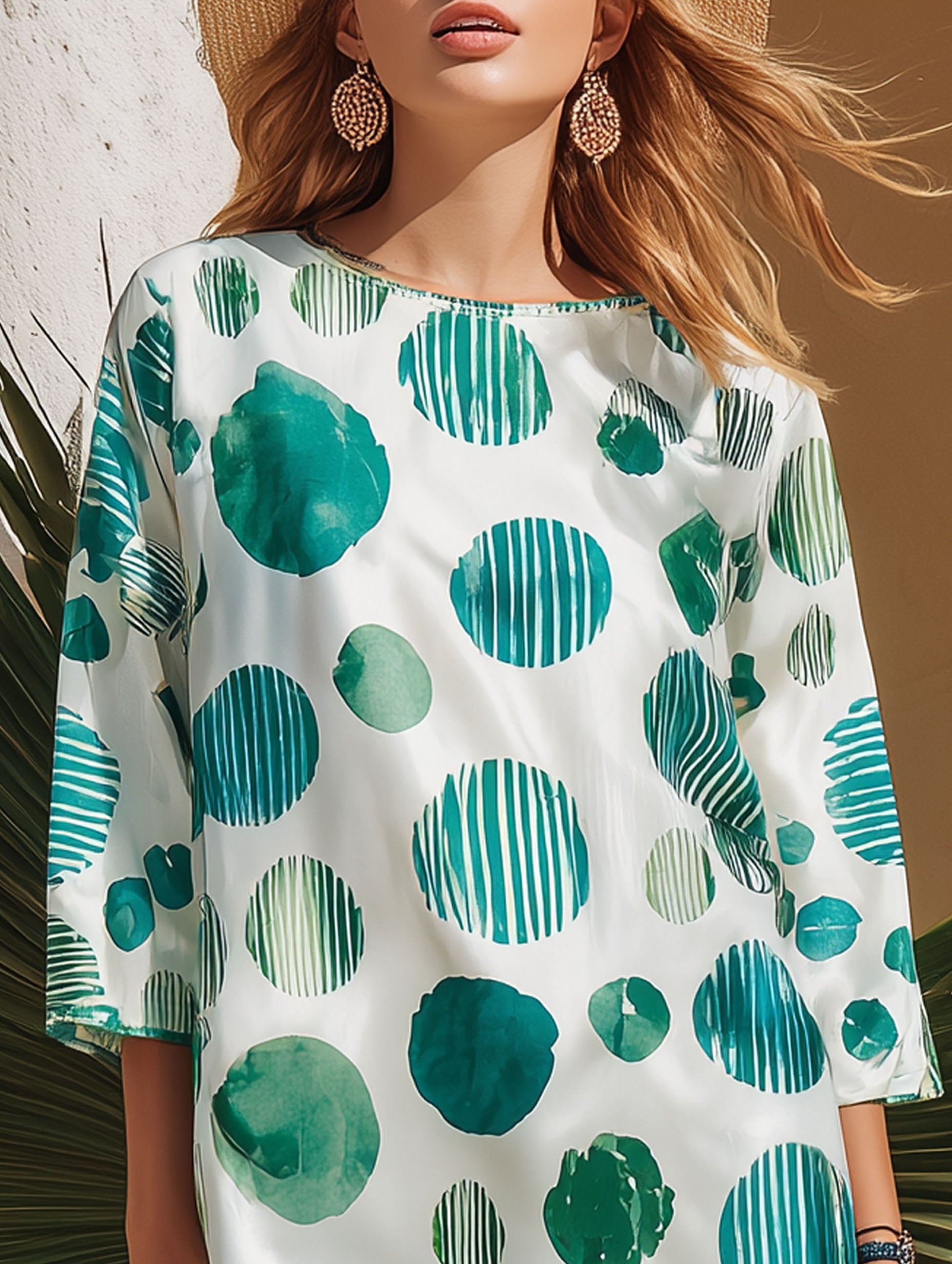 Resort-Style Satin Fabric Green Polka Dot White Mid-Sleeve Mini Dress