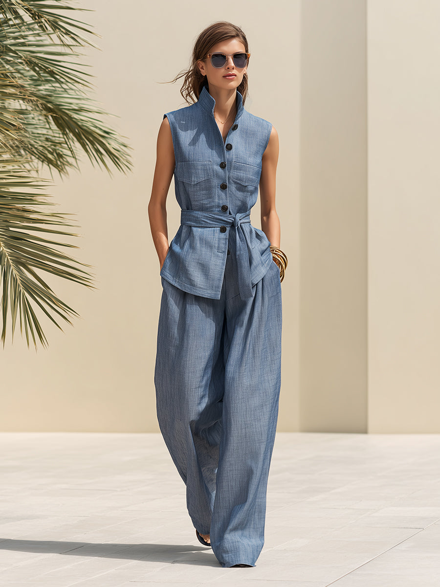 Casual Vacation Light Blue Cotton And Linen Top And Wide-leg Pants Set