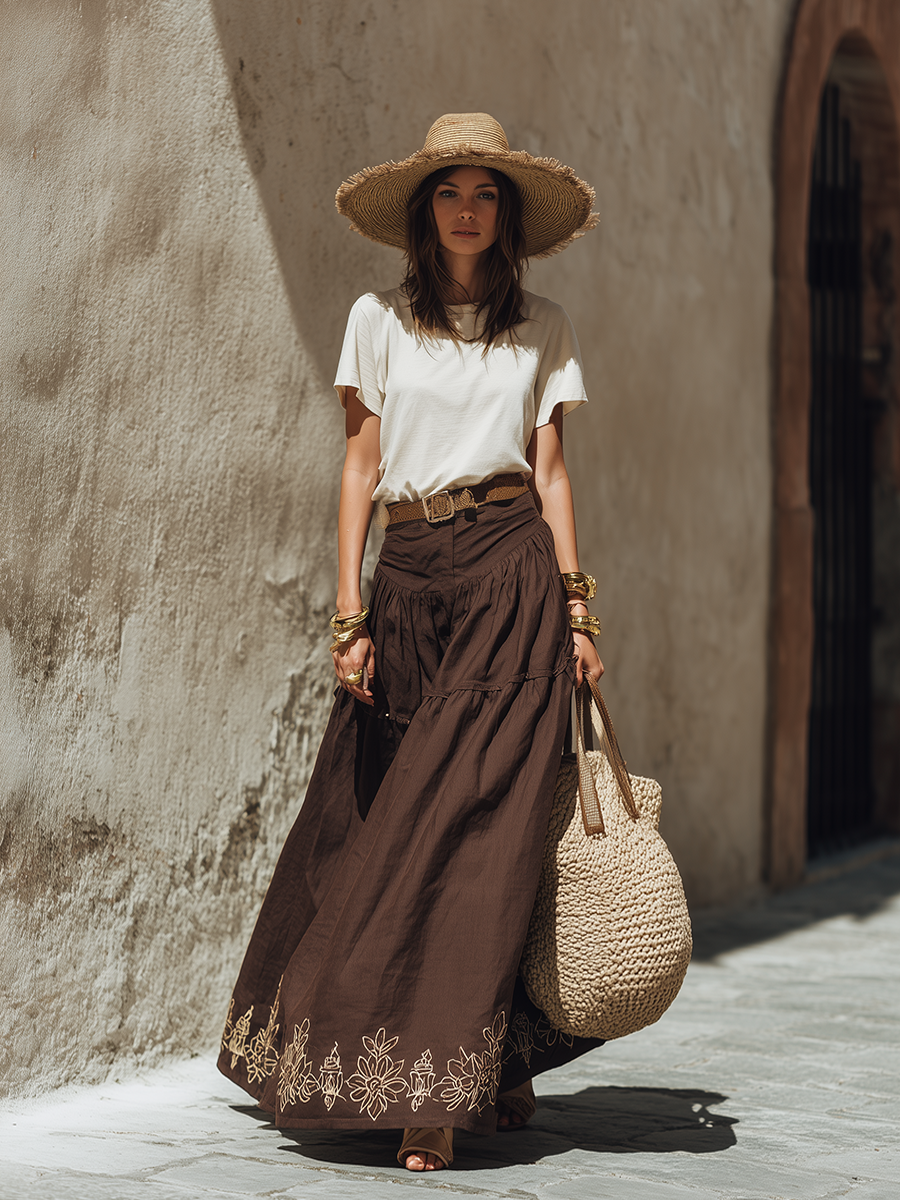 Minimalist Bohemian White T-Shirt And Brown Embroidered Skirt Set