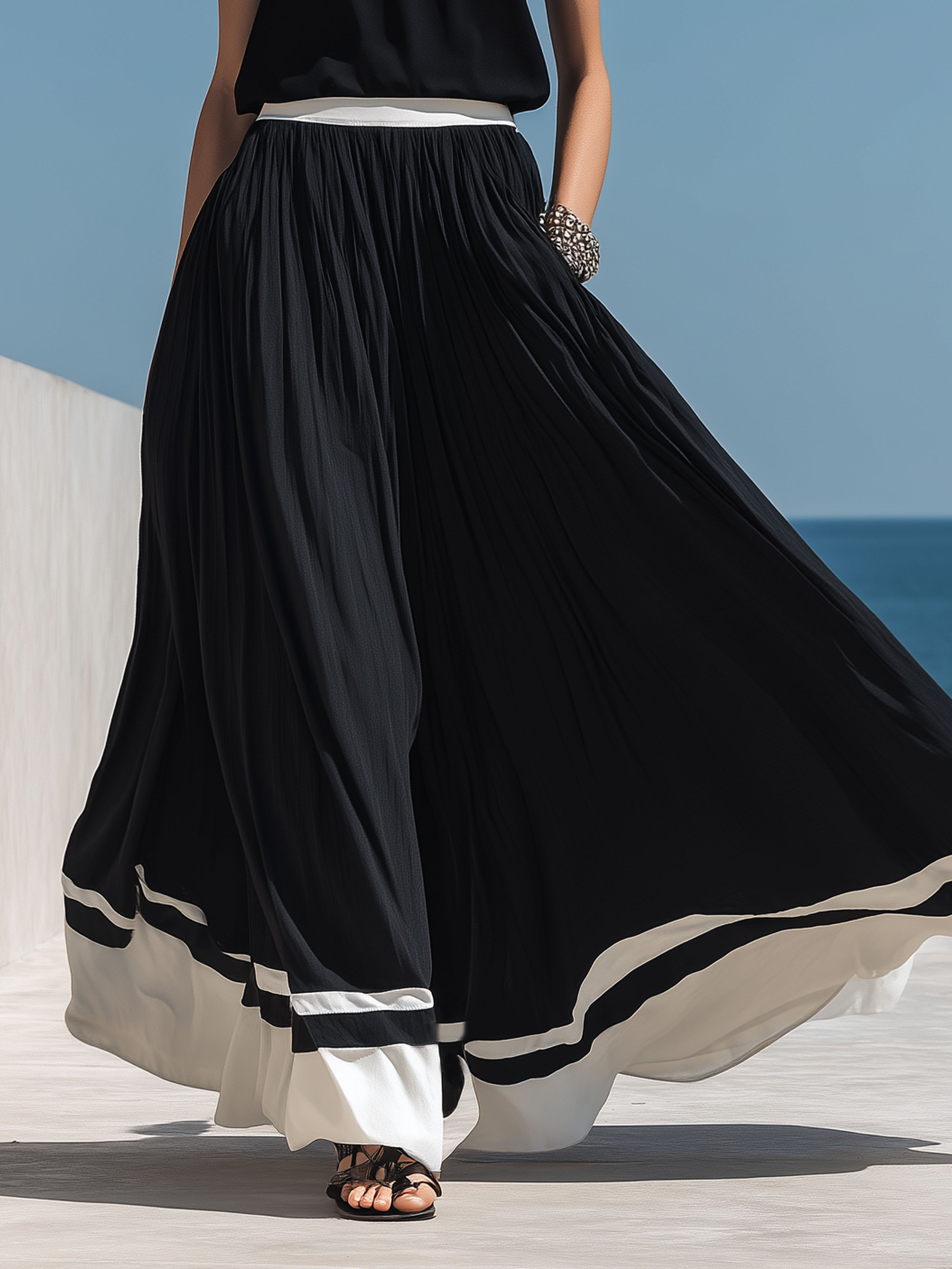 Vacation Black Off-Shoulder White Decorated Top And Long Skirt Set