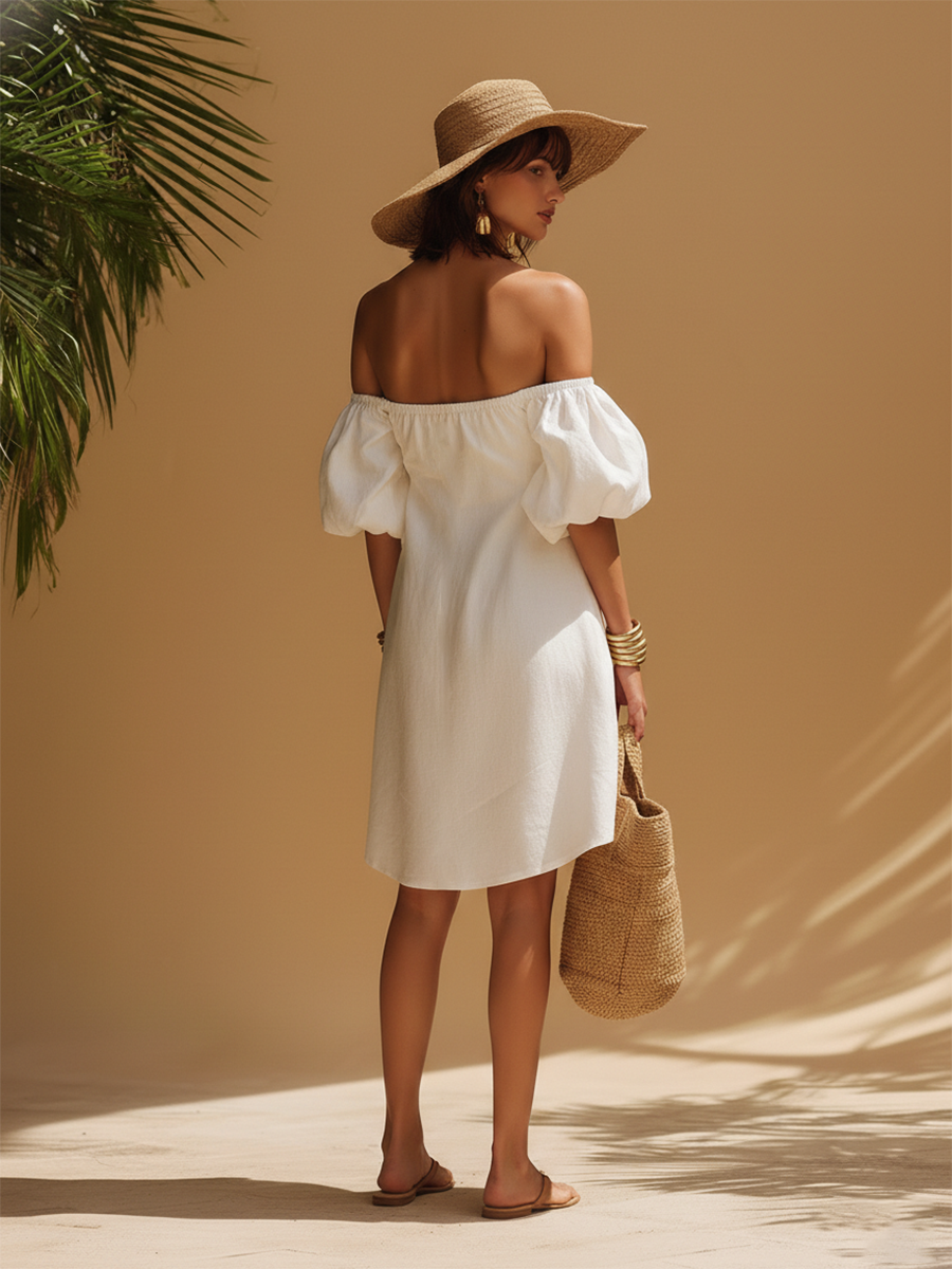 Romantic Vacation Off-the-shoulder Bow-tie White Cotton Mini Dress