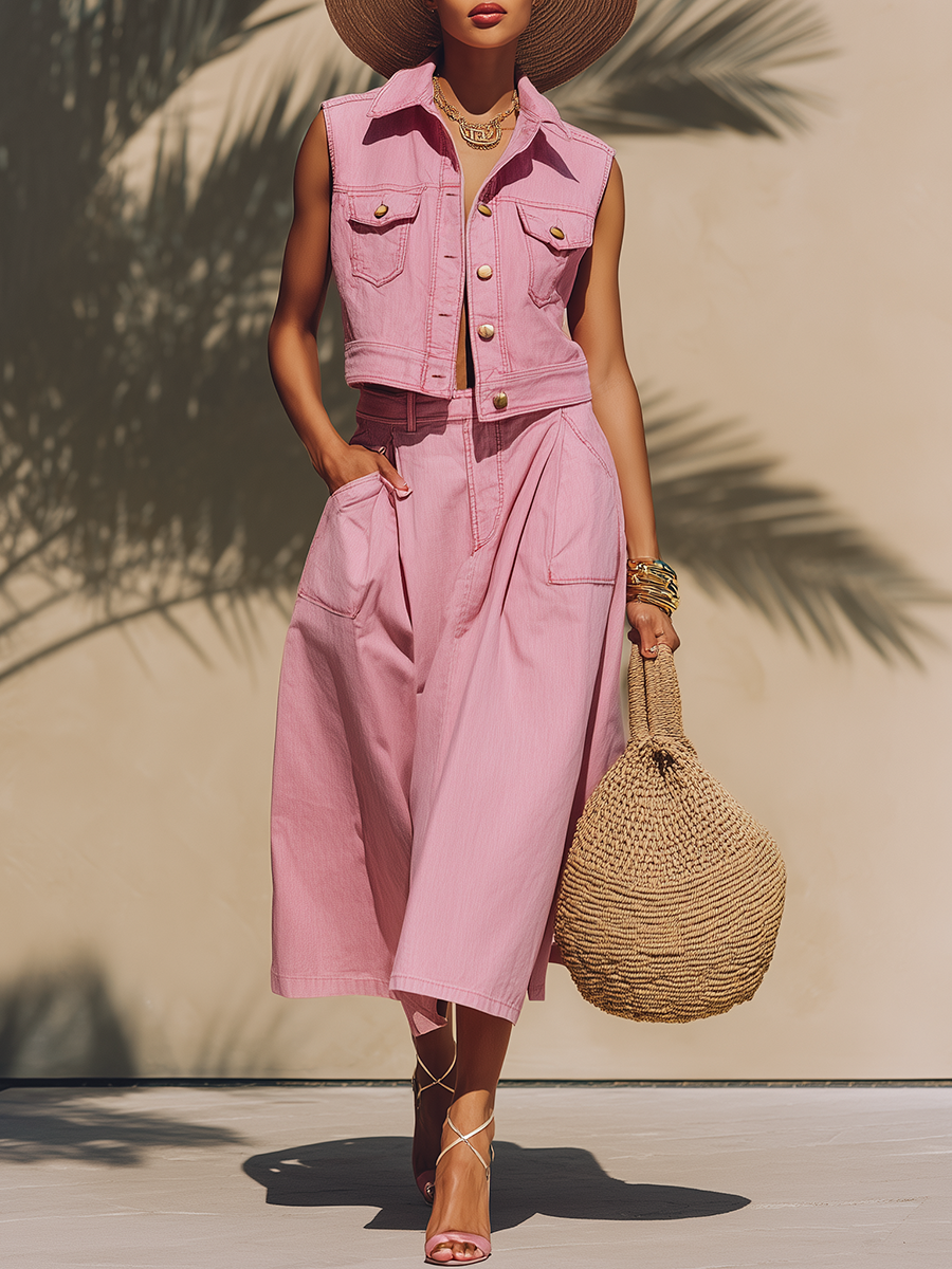 Trendy Vacation Sleeveless Top And Skirt Pink Denim Set