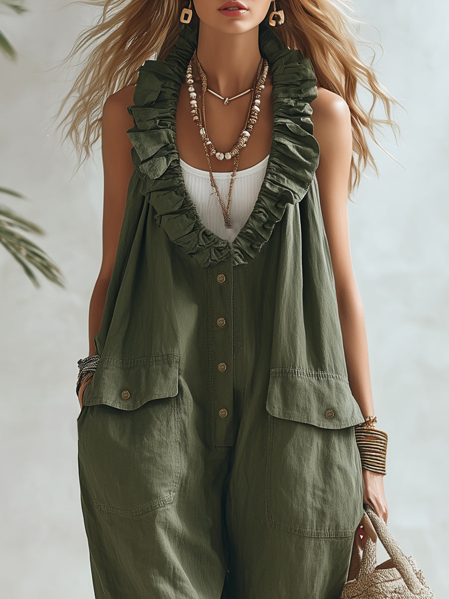 Bohemian Resort Style Olive Green Cotton Linen With Ruffled Neckline And Buttons Loose-fitting Jumpsuit.