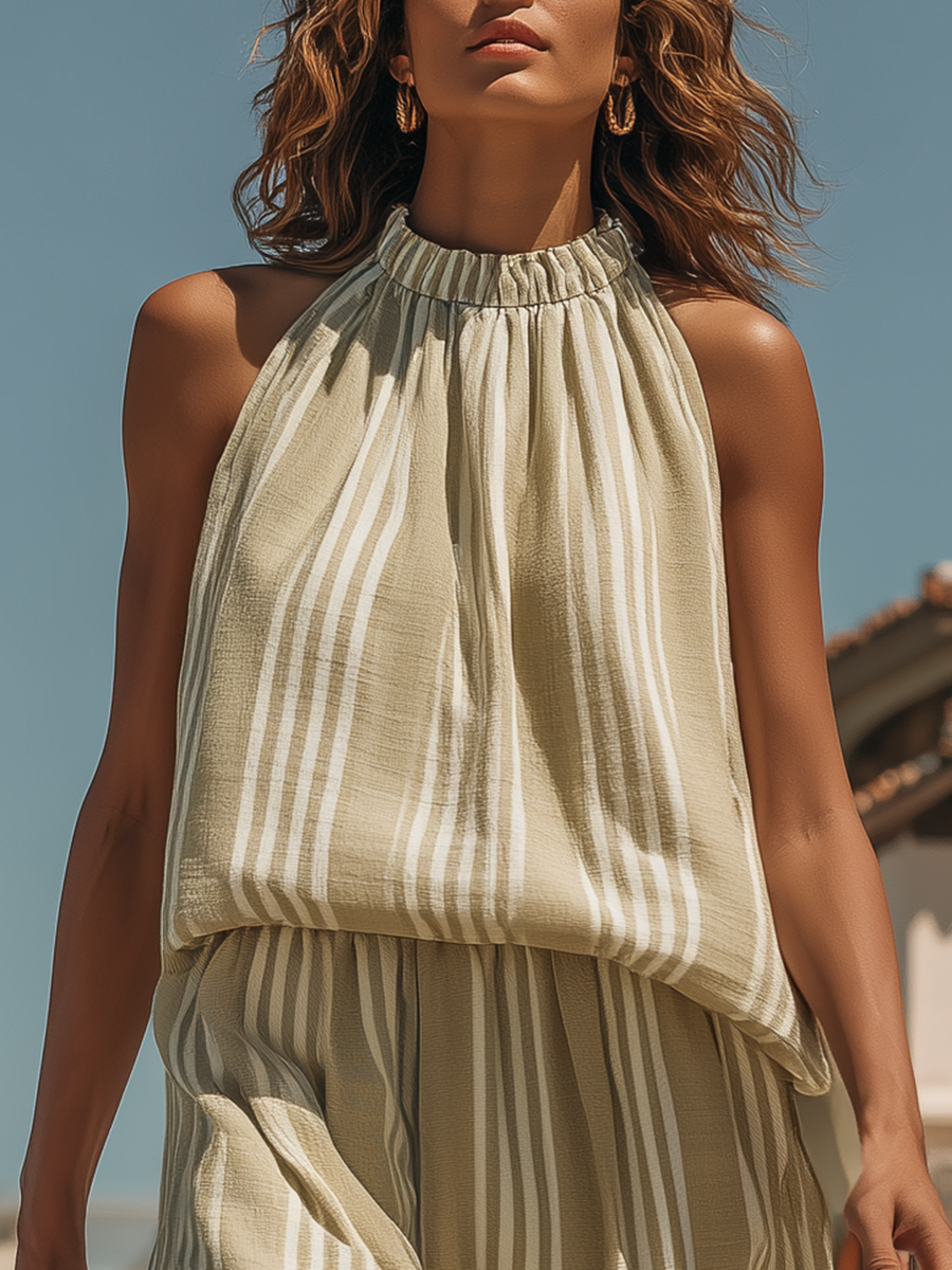 Vacation-style Cotton And Linen Striped Sleeveless Top And Trousers Set