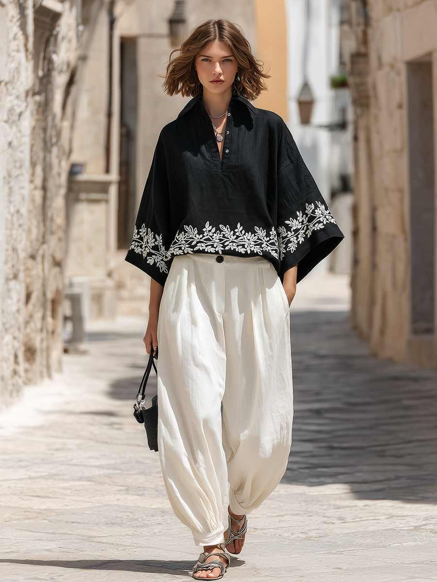 Bohemian-style Black Embroidered Top And White Trousers Set