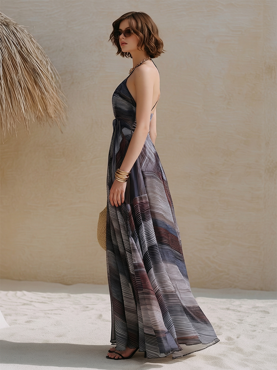 Romantic Bohemian Sleeveless Geometric Print Chiffon Maxi Dress