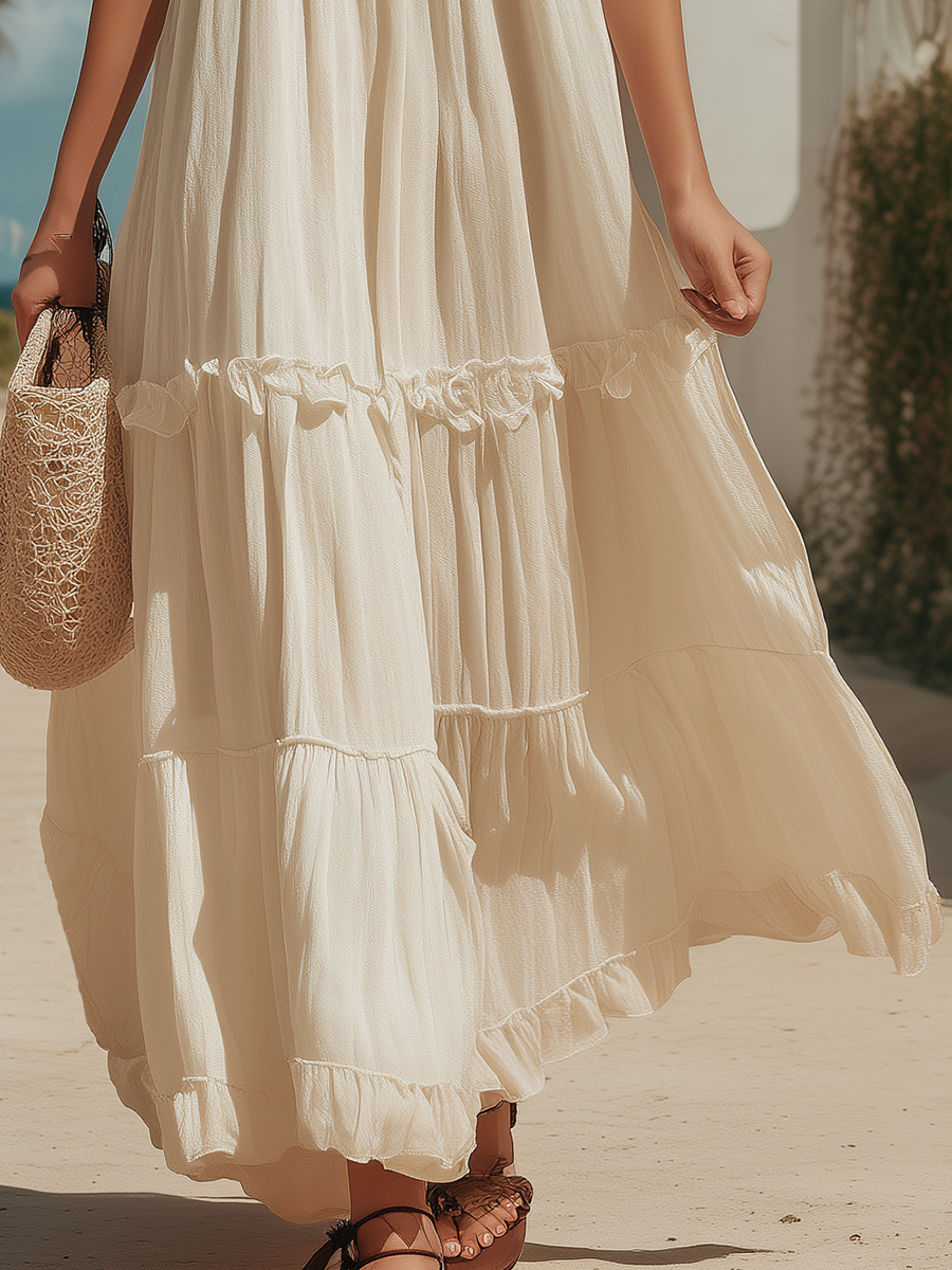 Vacation-style Cotton And Linen Embroidered Sleeveless Loose Maxi Dress