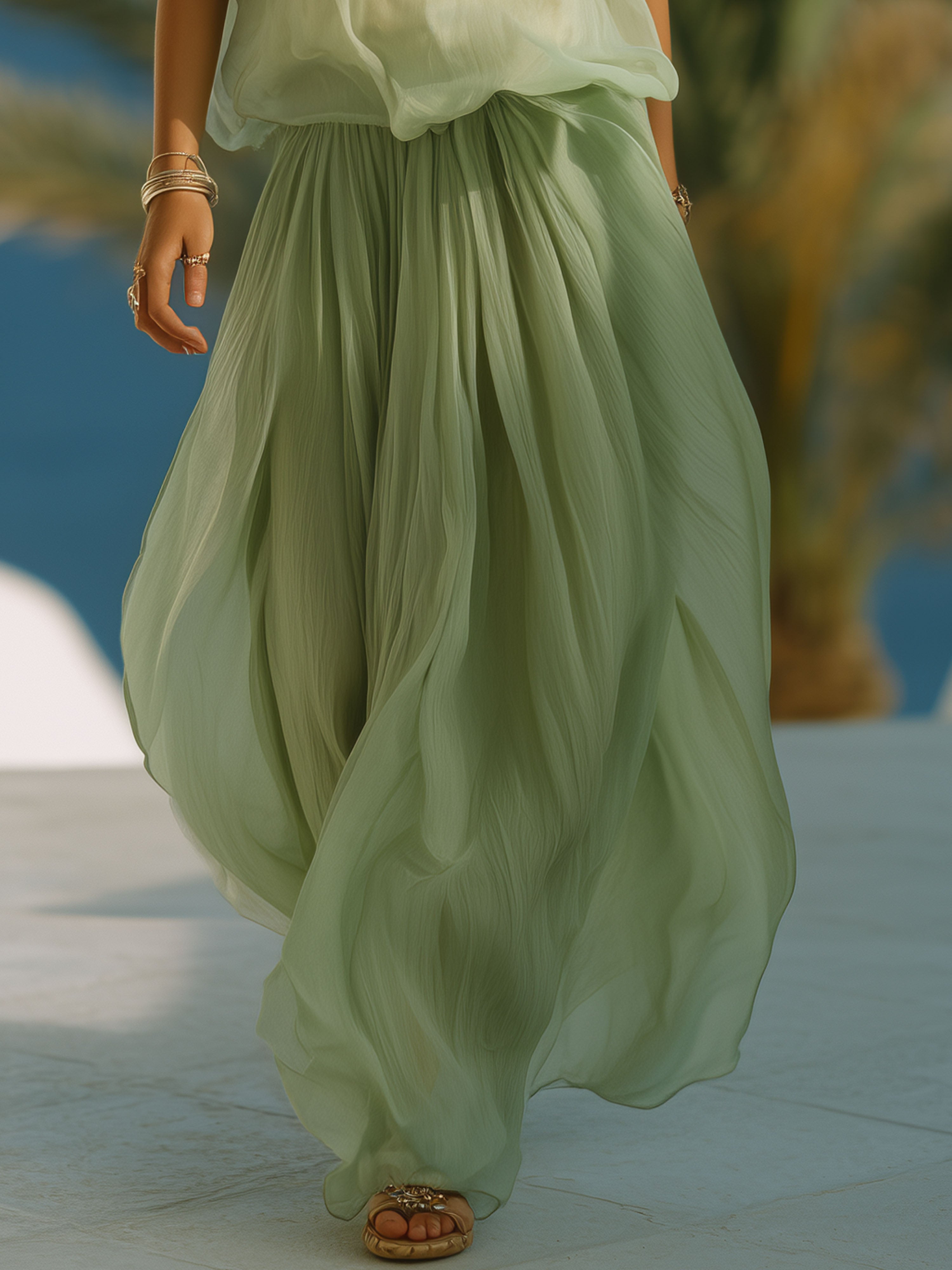 Vacation Light Green Chiffon Sleeveless Top And Long Skirt Set