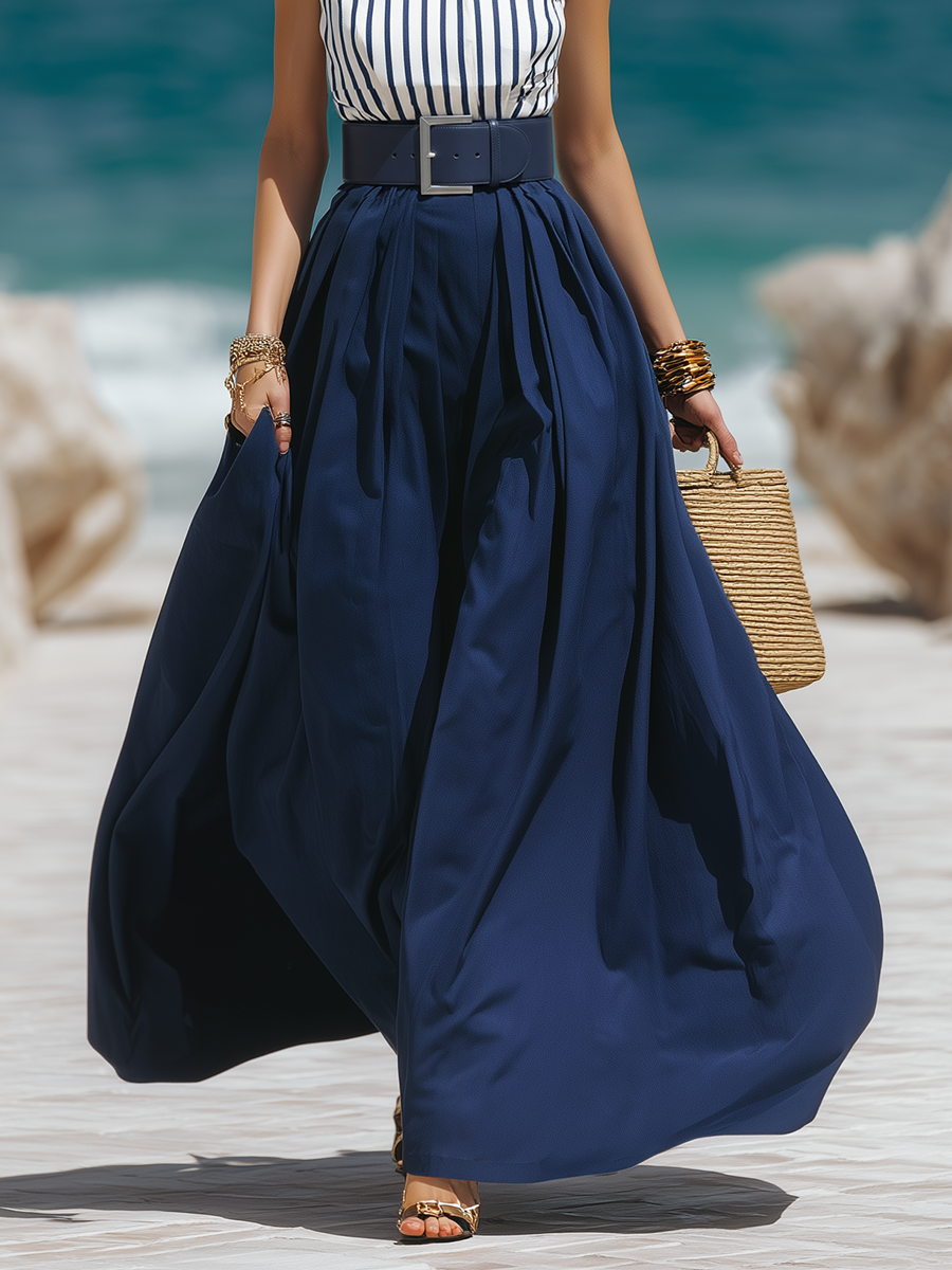 Beach Vacation Striped Sleeveless Shirt And Navy Blue Skirt Set