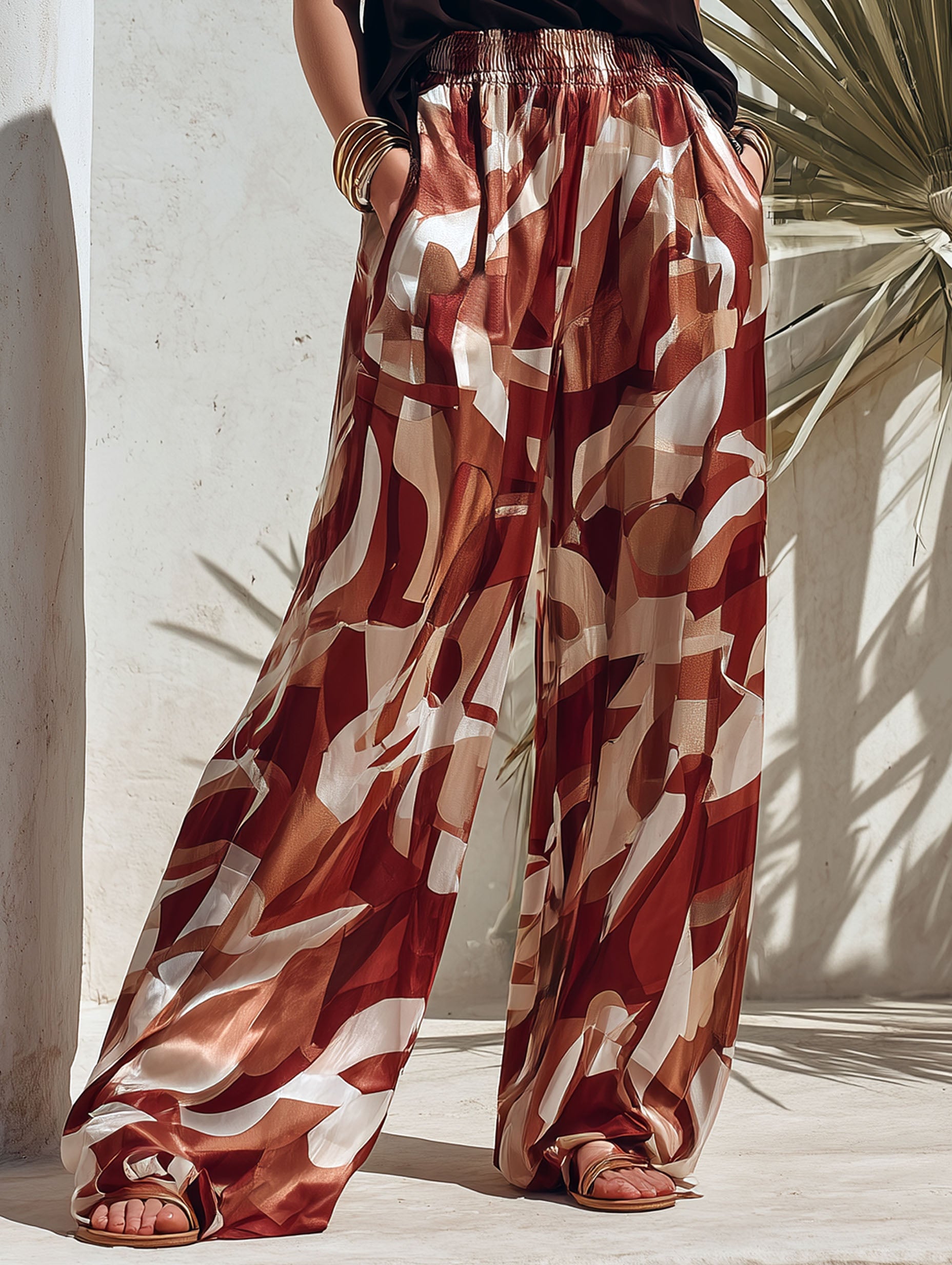 Resort-Style Tencel Black Top And Red Printed Trousers Set