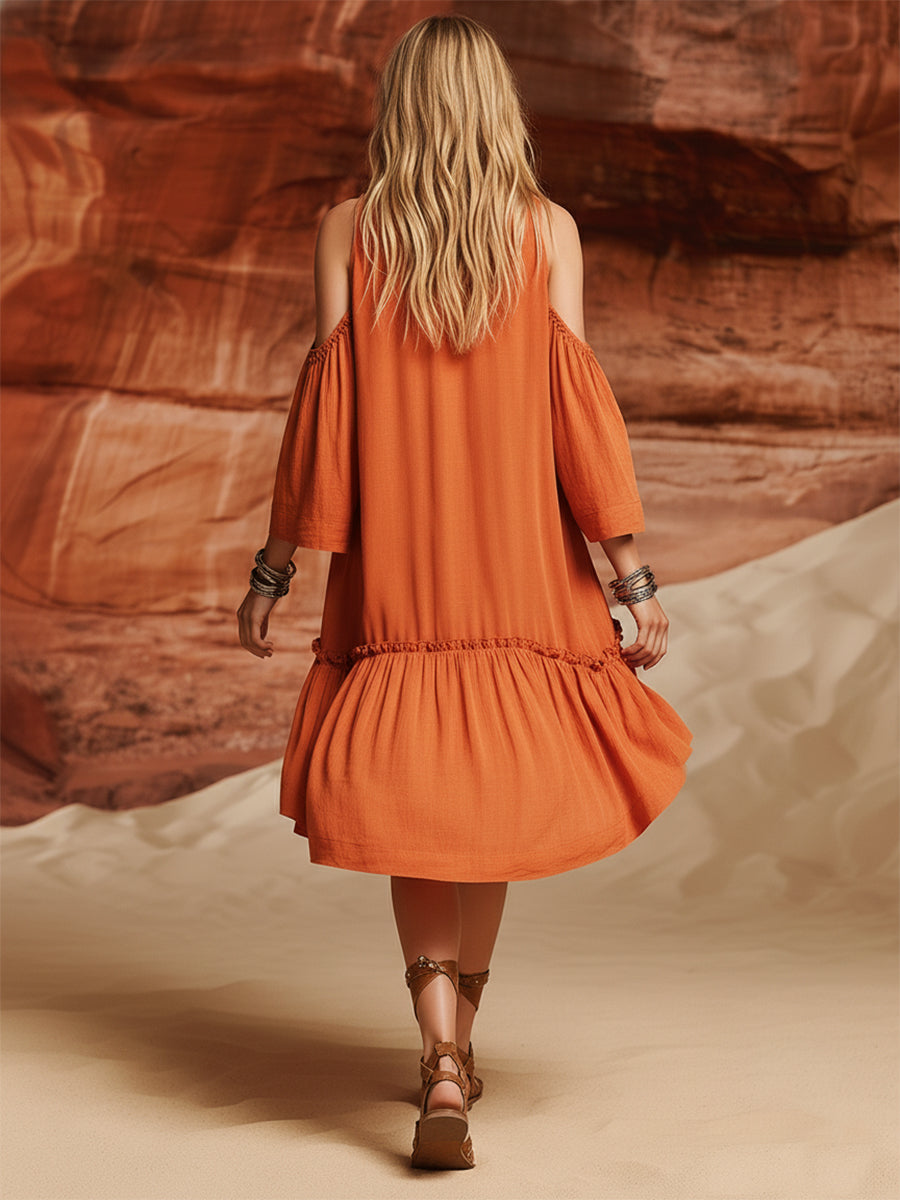 Casual Loose-Fitting Vacation Terracotta Orange Off-Shoulder Shorter In The Front And Longer In The Back Ruffled Hem Midi Dress