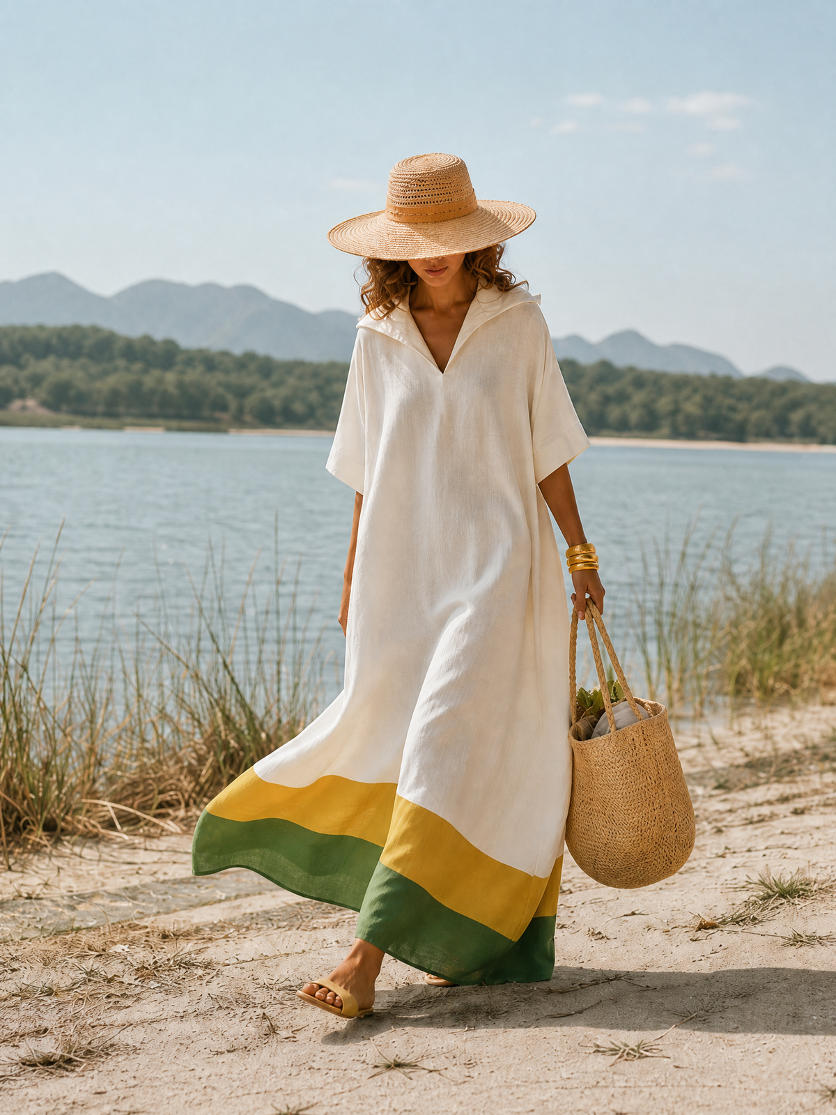Minimalist Color-Block Hem Off-White Hooded Short-Sleeve Cotton-Linen Maxi Dress