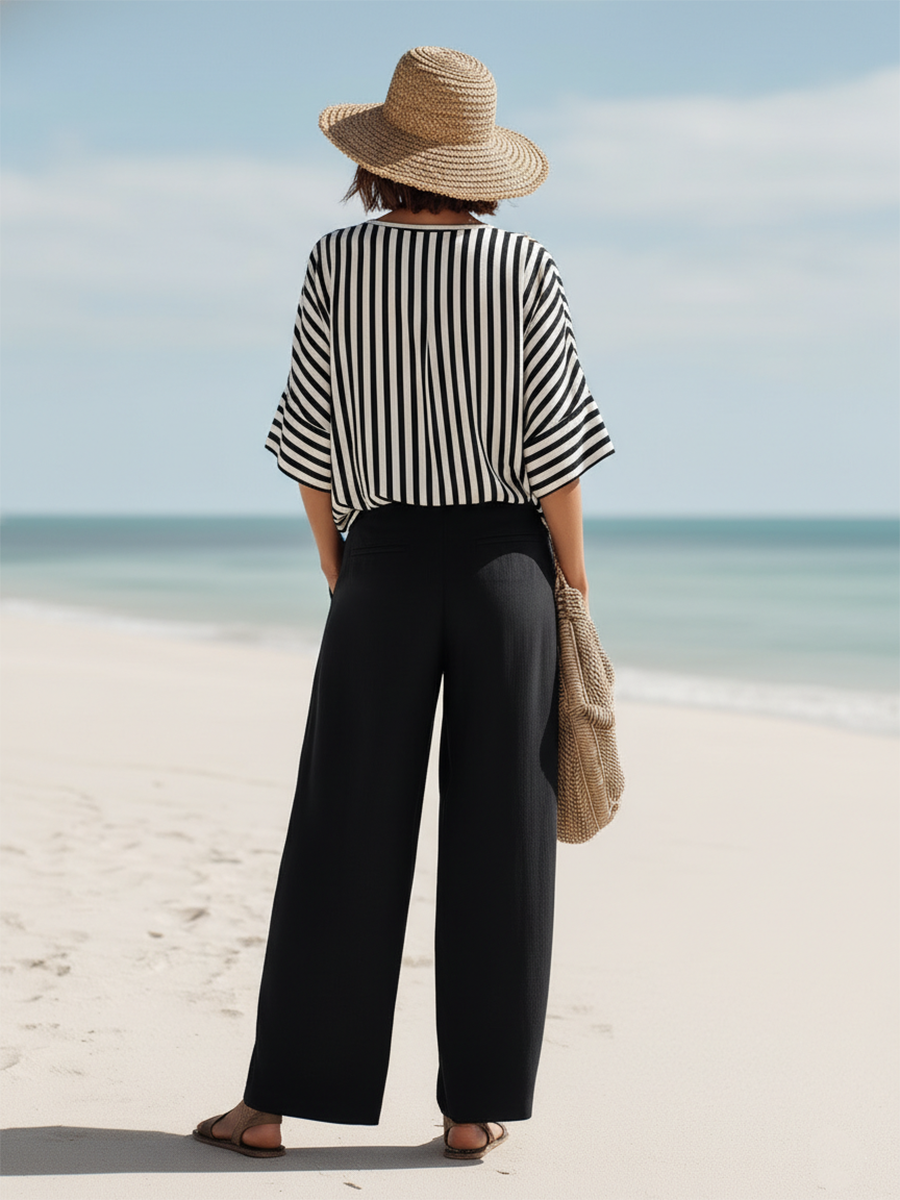 Resort-style Black And White Striped V-neck Top And Trousers Set