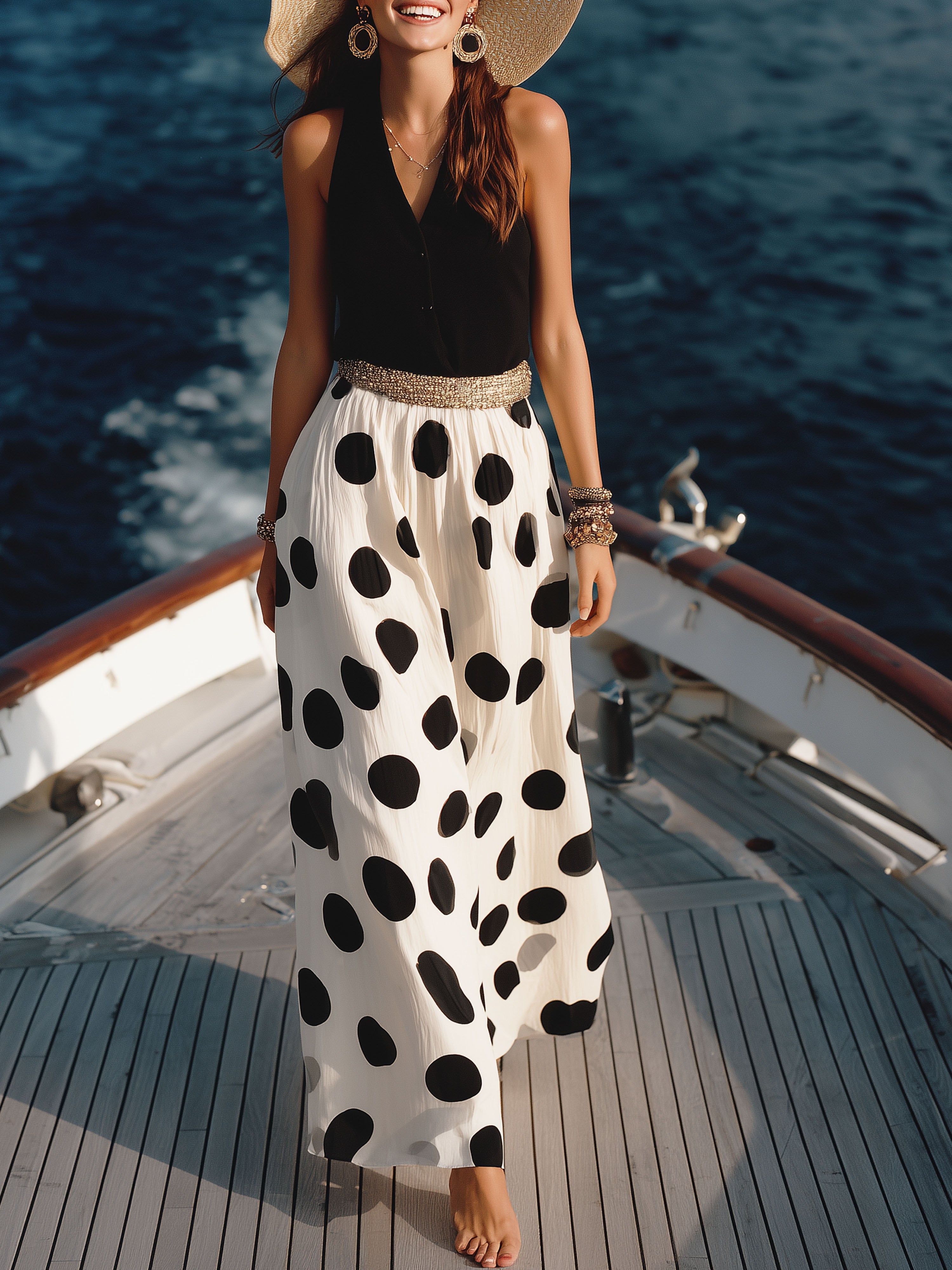 Resort-Style Black Sleeveless Vest Top,Black Polka Dot White Skirt Set