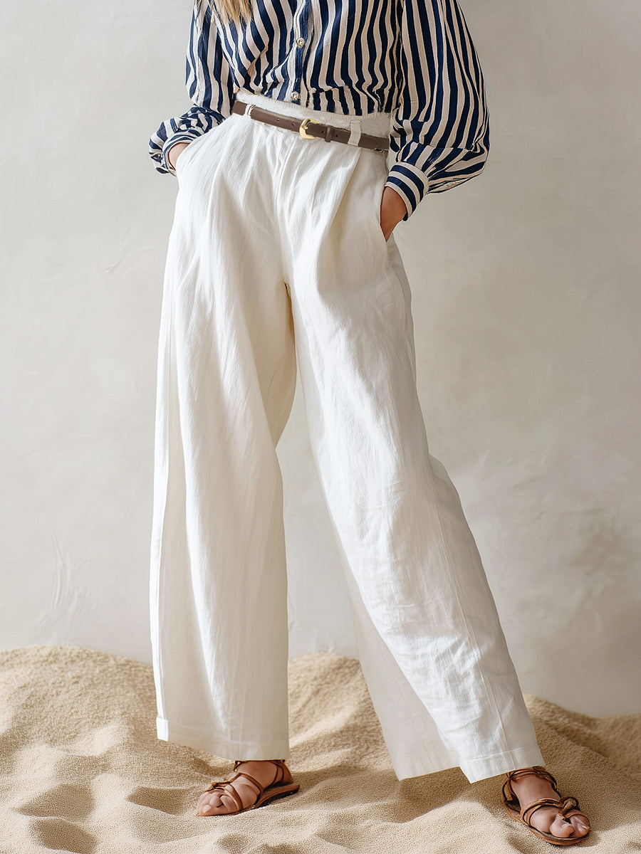 Casual Navy Blue And White Striped Collared Shirt And White Wide-leg Pants Set