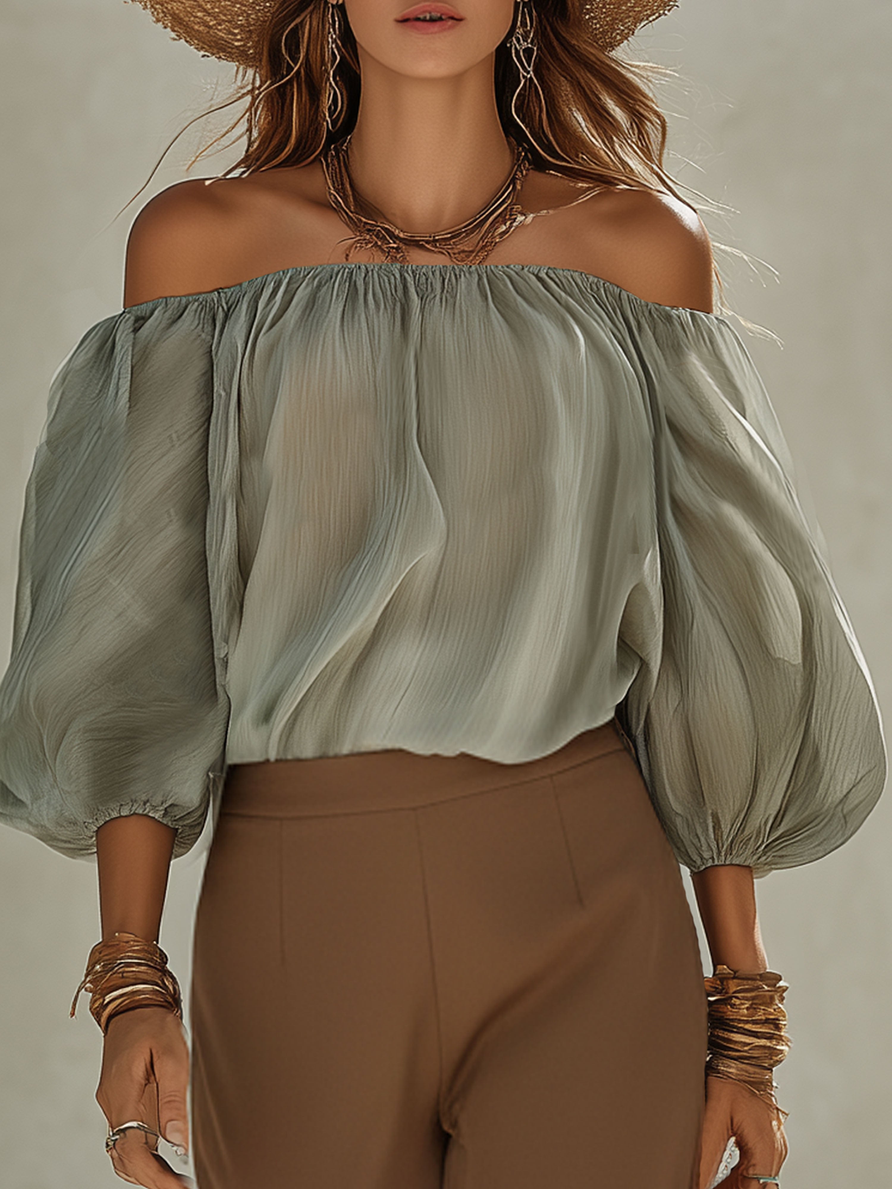 Resort-Style Chiffon Lantern Sleeve Off-Shoulder Top And Khaki Trousers Set