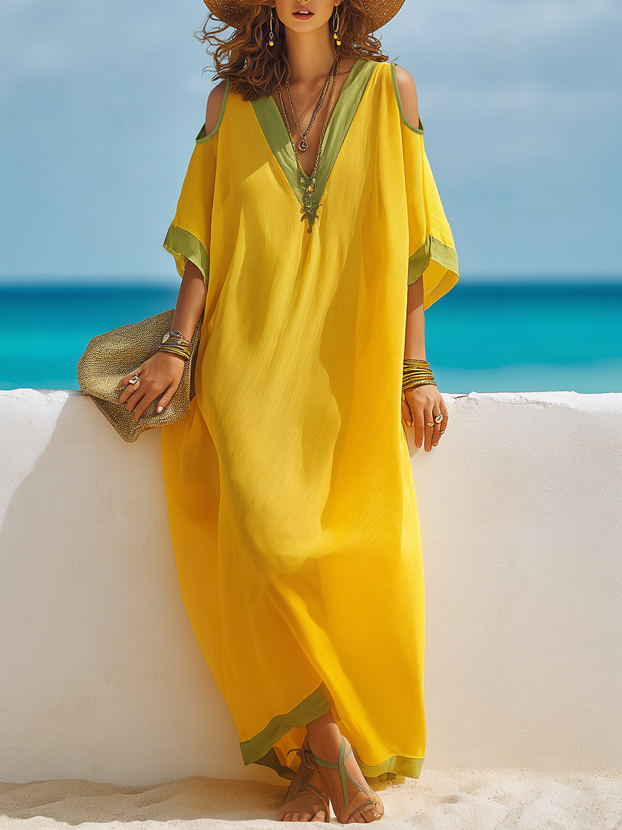 Resort-style V-neck Yellow Loose Short-sleeved Maxi Dress